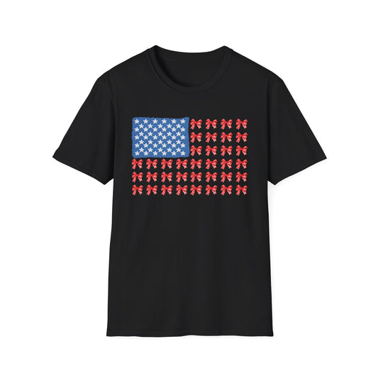 Patriotic Bow T-Shirt, Unisex Softstyle Tee, USA Flag Top, Cute Summer Tee, Gift for Her