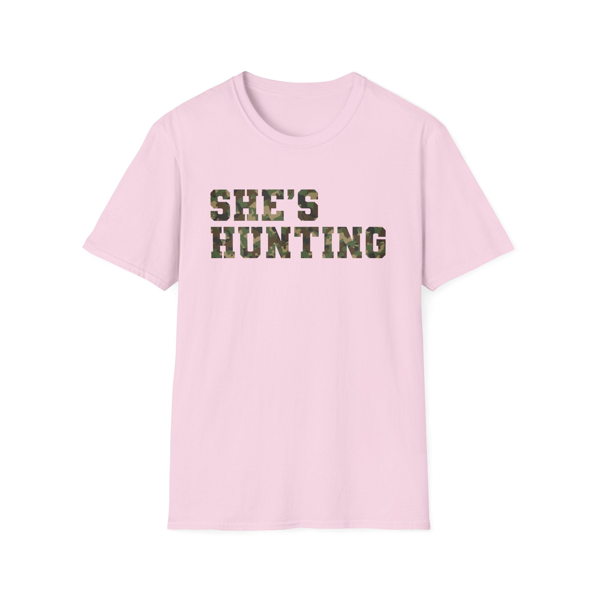 Camo Print Unisex T-Shirt - "She's Hunting" - Casual Style for Outdoor Lovers