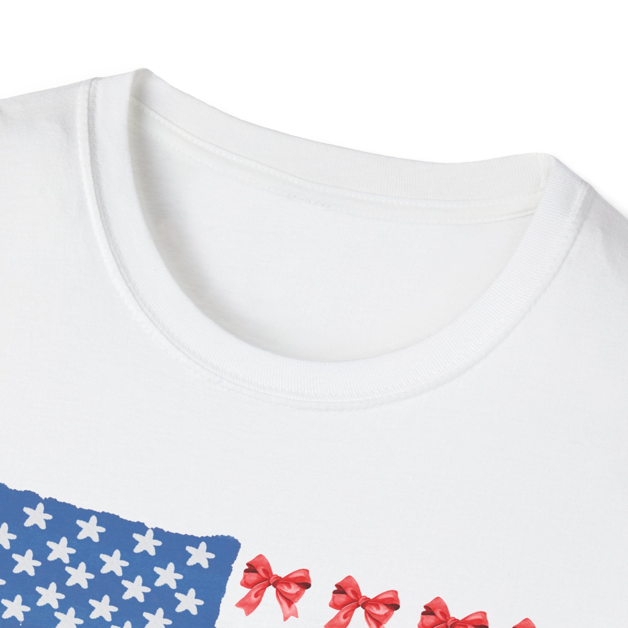 Patriotic Bow T-Shirt, Unisex Softstyle Tee, USA Flag Top, Cute Summer Tee, Gift for Her