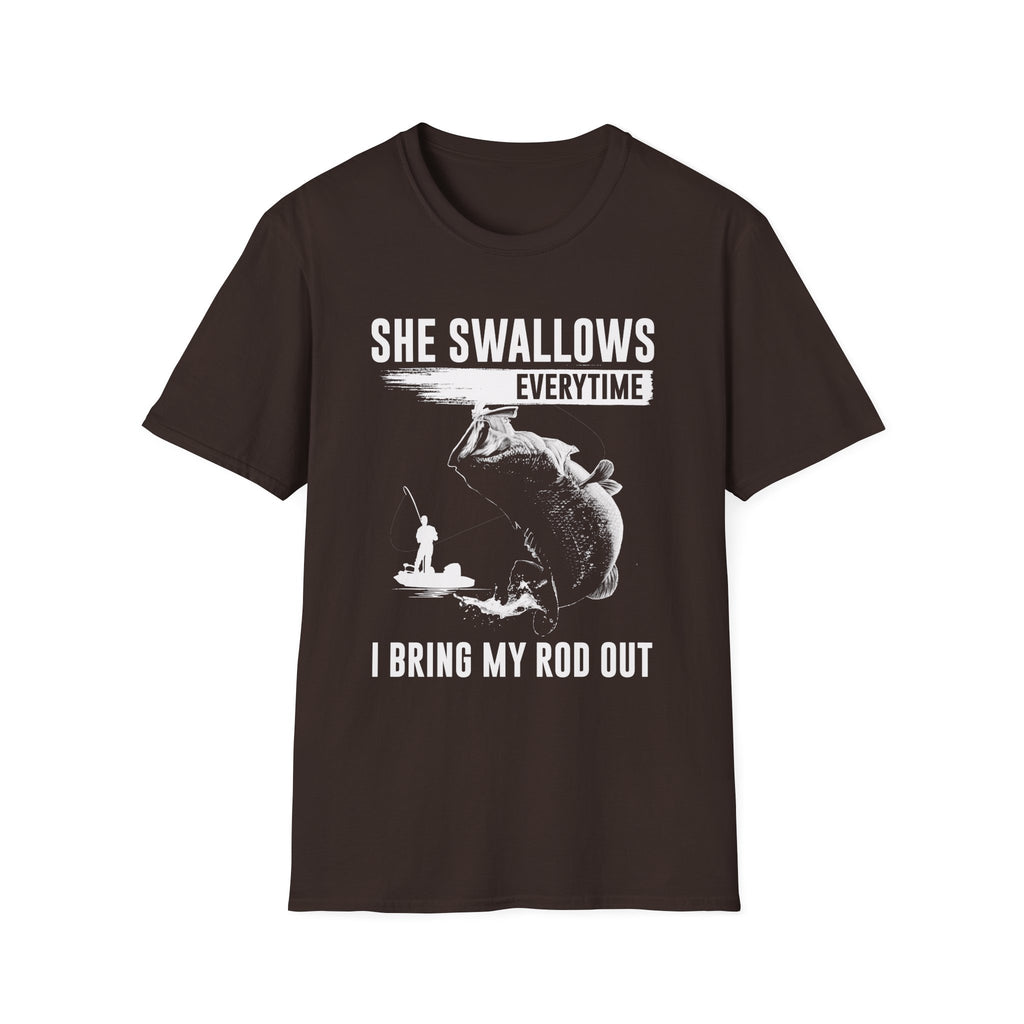 Funny Fishing T-Shirt - "She Swallows Every Time" Unisex Softstyle Tee