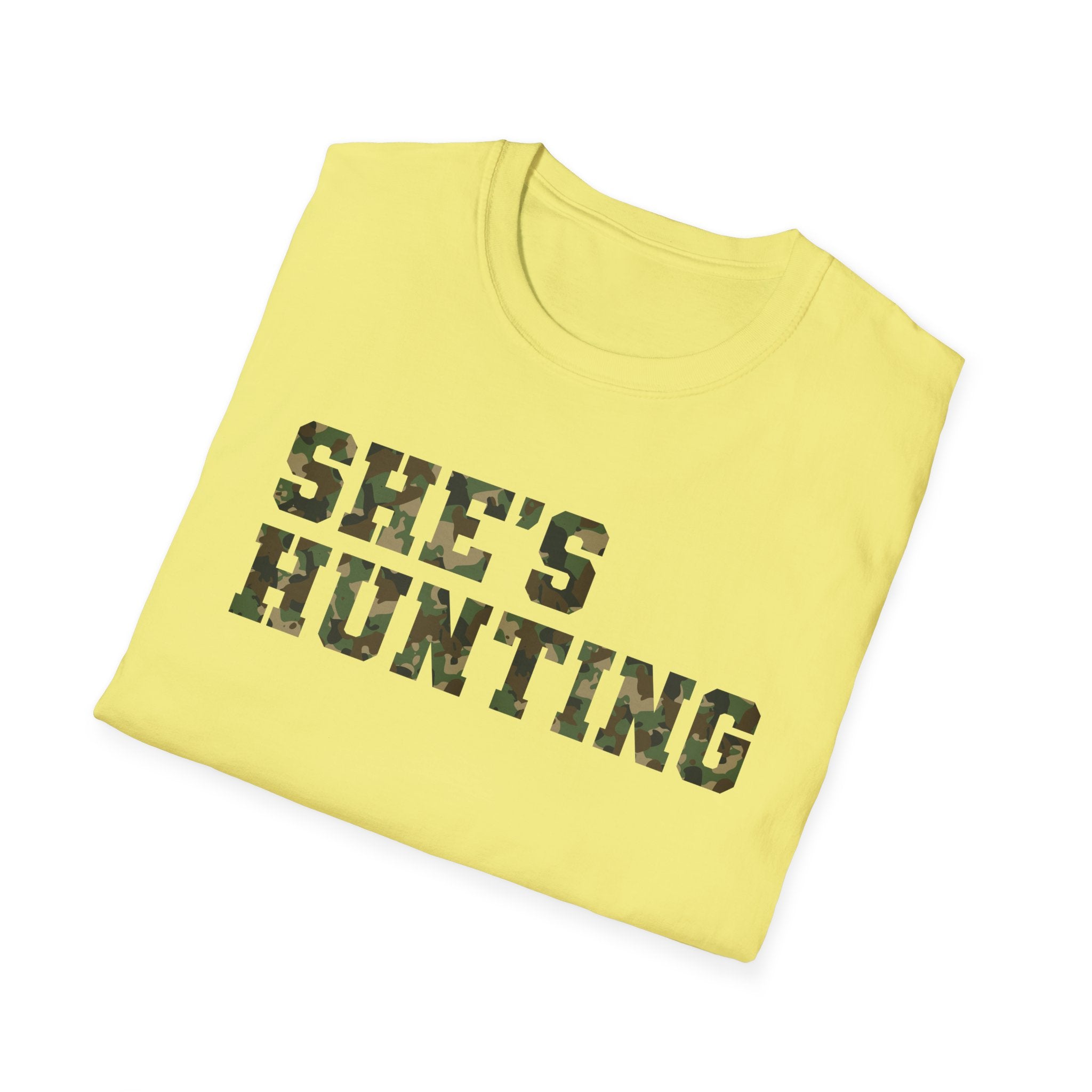 Camo Print Unisex T-Shirt - "She's Hunting" - Casual Style for Outdoor Lovers