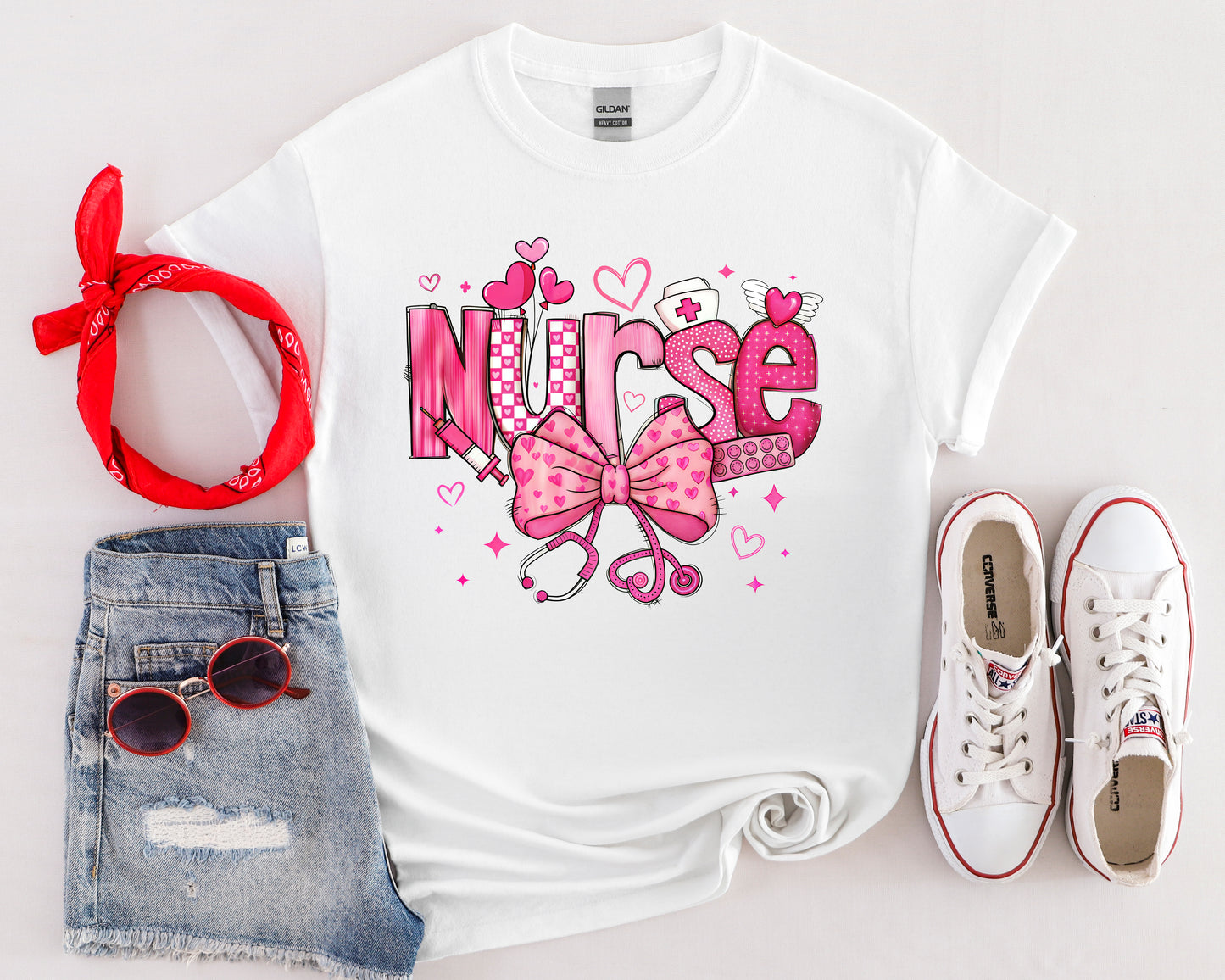 Nurse Love Unisex Softstyle T-Shirt - Heart & Bow Design for Healthcare Professionals