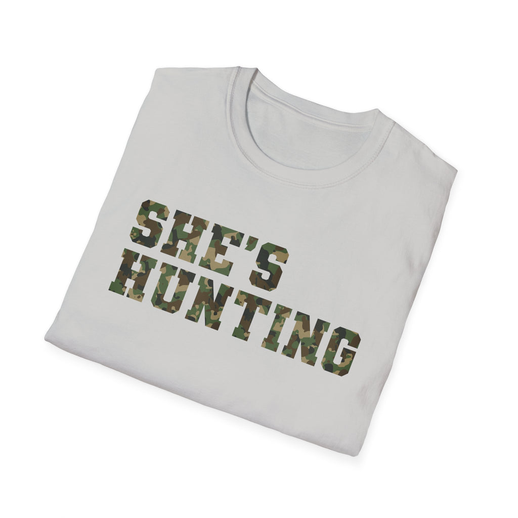 Camo Print Unisex T-Shirt - "She's Hunting" - Casual Style for Outdoor Lovers