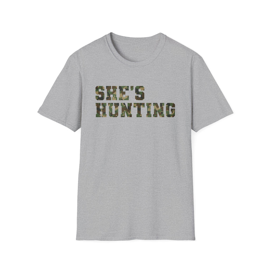 Camo Print Unisex T-Shirt - "She's Hunting" - Casual Style for Outdoor Lovers
