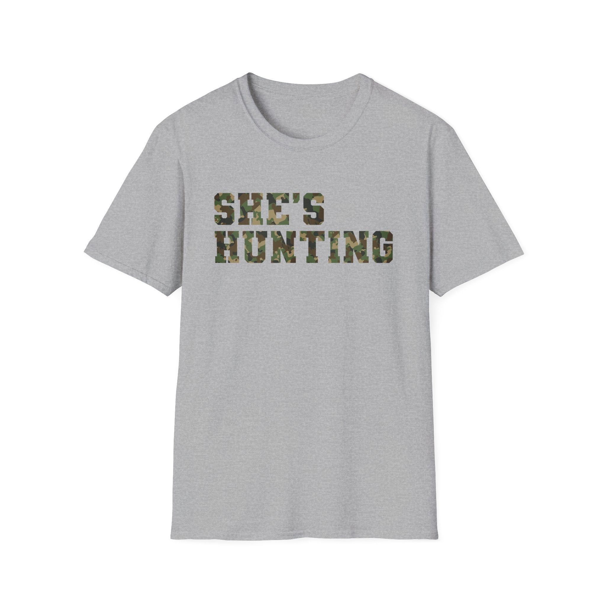 Camo Print Unisex T-Shirt - "She's Hunting" - Casual Style for Outdoor Lovers