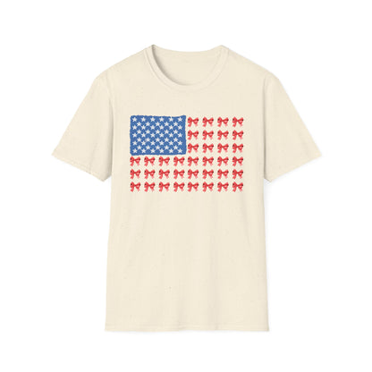Patriotic Bow T-Shirt, Unisex Softstyle Tee, USA Flag Top, Cute Summer Tee, Gift for Her