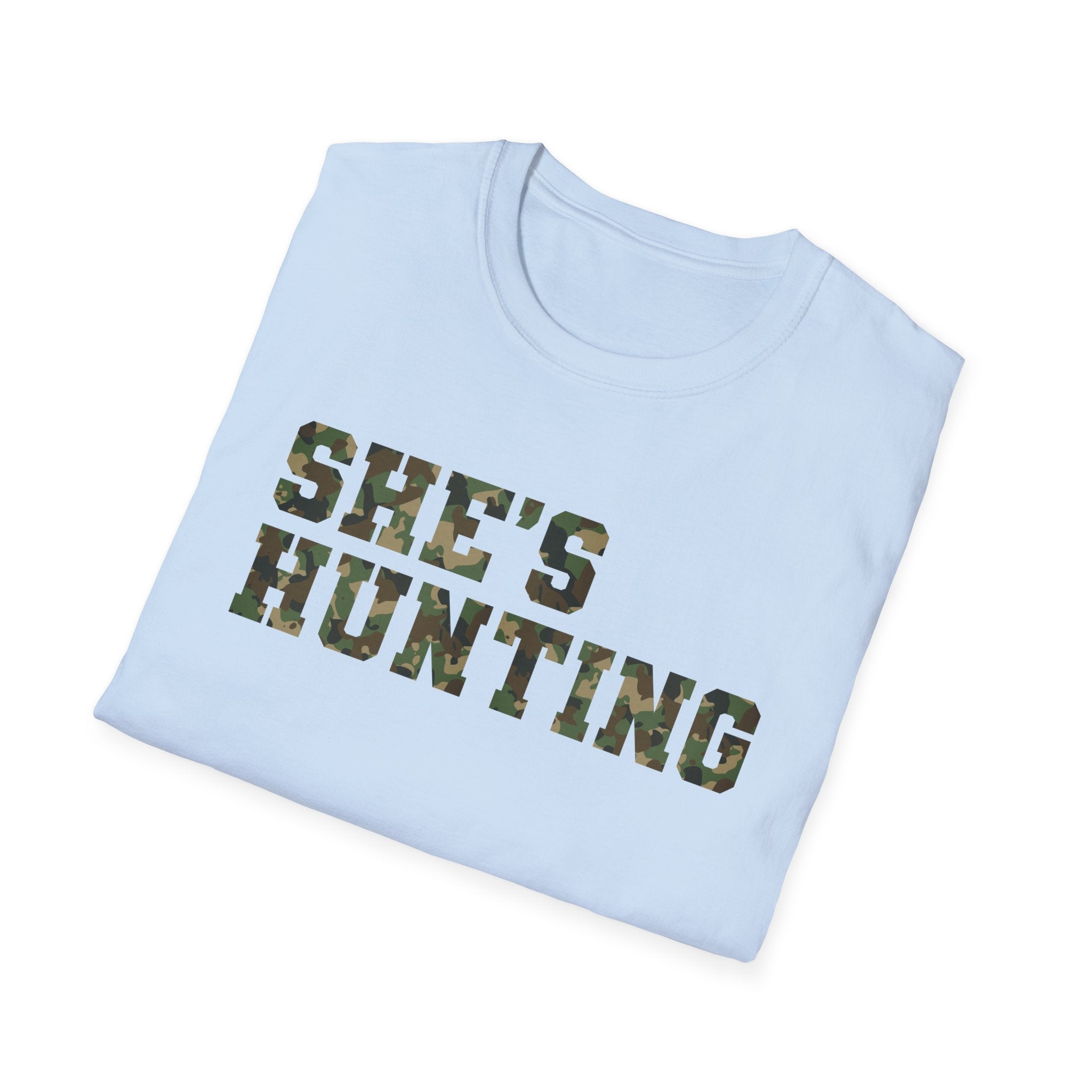 Camo Print Unisex T-Shirt - "She's Hunting" - Casual Style for Outdoor Lovers