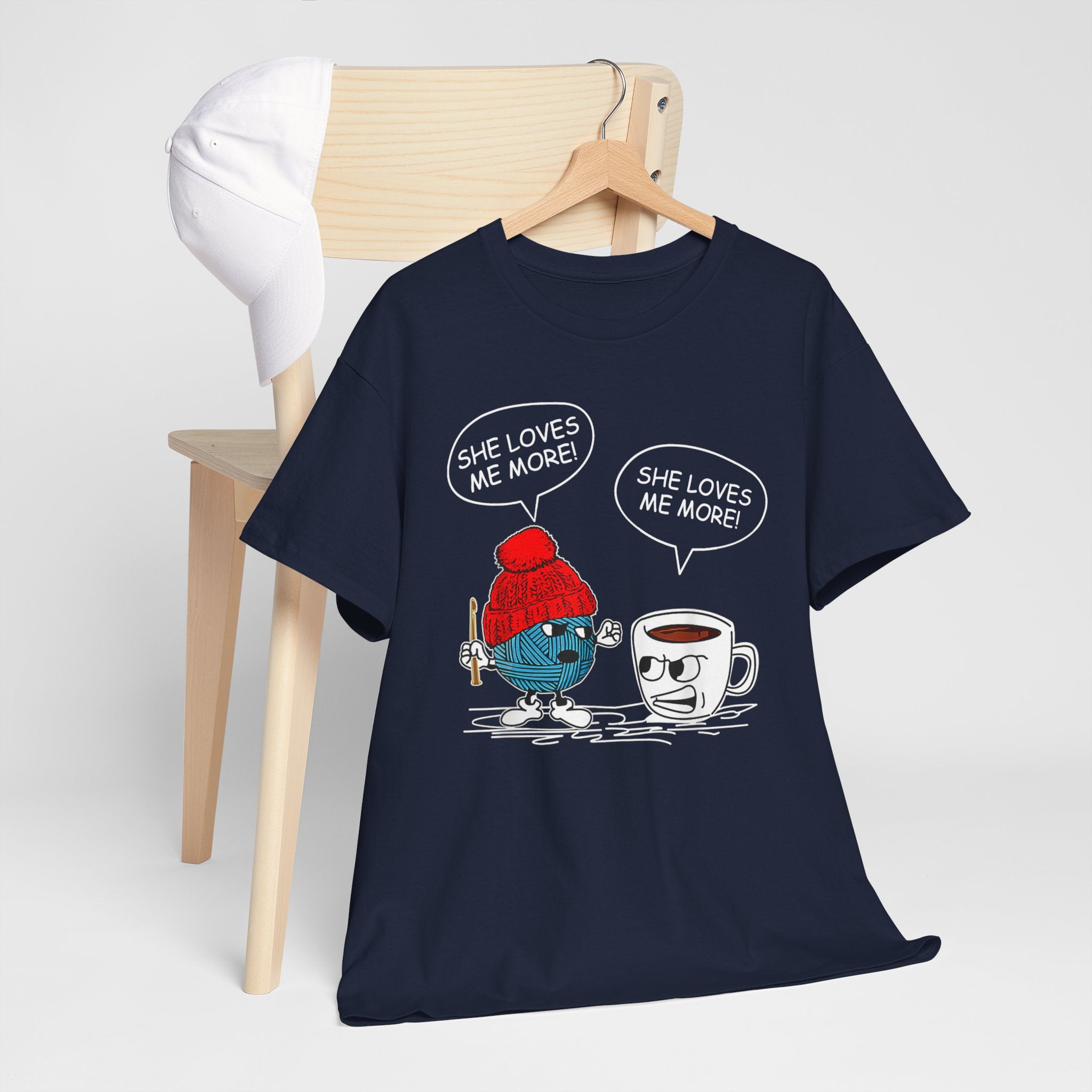 T-Shirt — Funny Coffee & Sweater Debate Tee (“She Loves Me More!”)