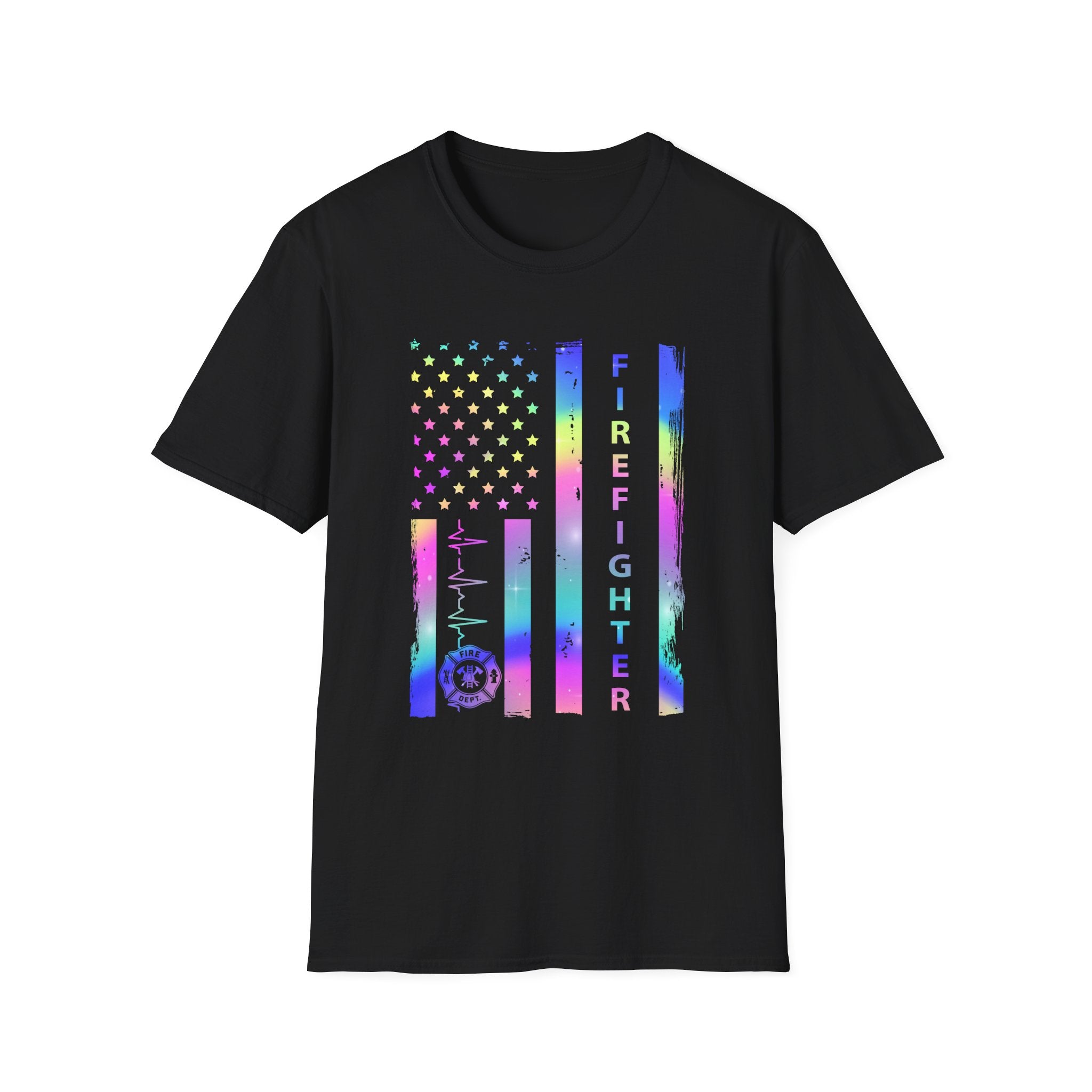 Pride Firefighter Unisex Softstyle T-Shirt - Colorful American Flag Design,,,..