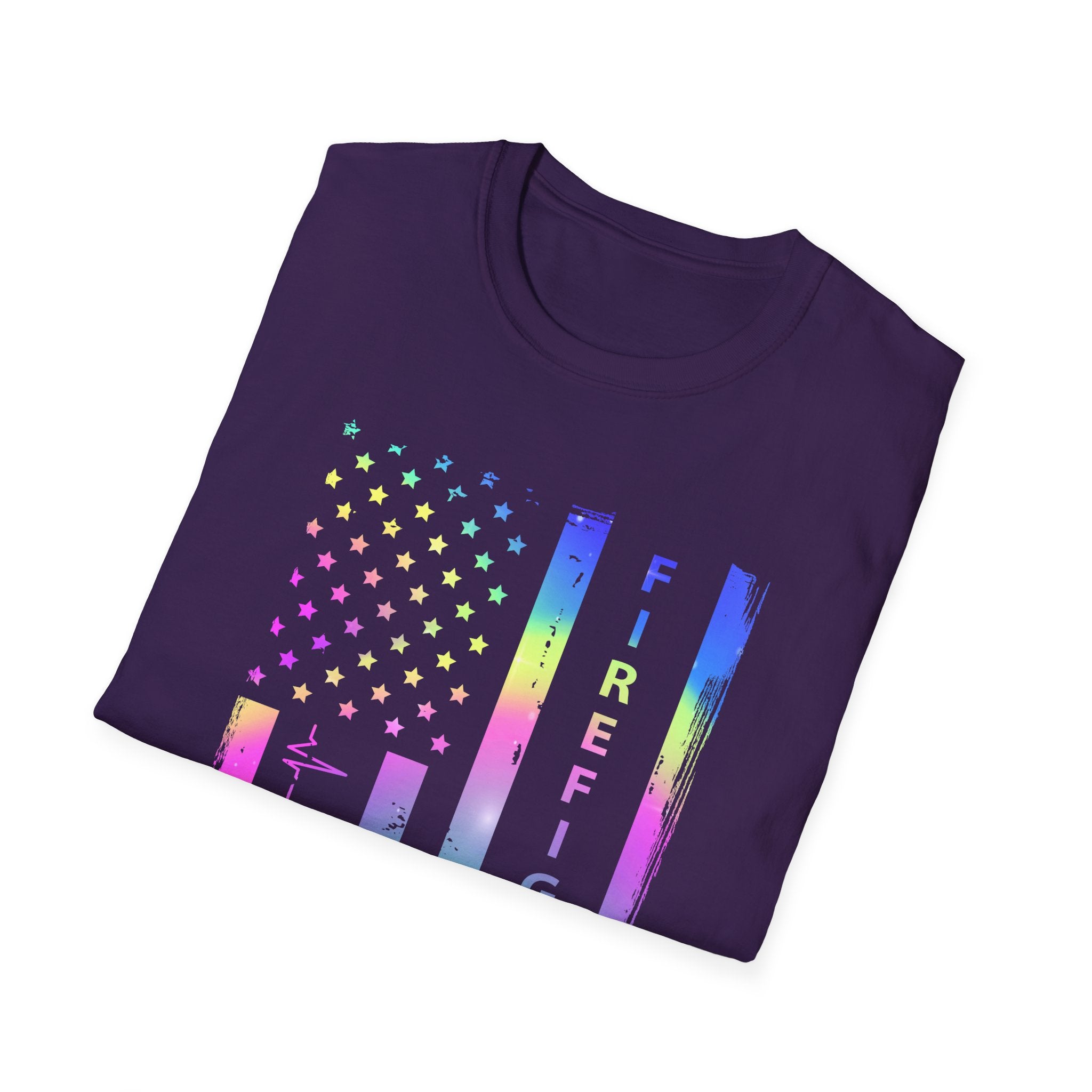 Pride Firefighter Unisex Softstyle T-Shirt - Colorful American Flag Design,,,..