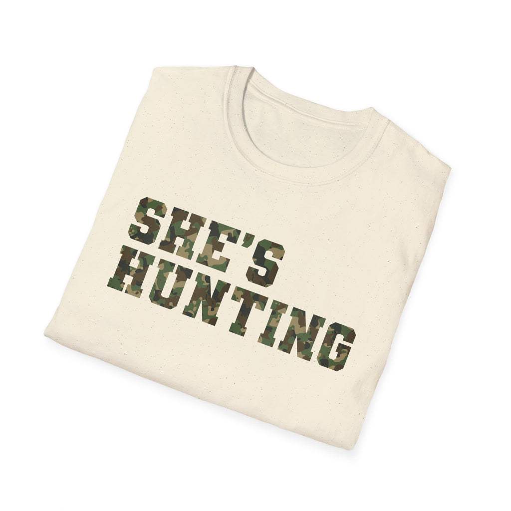 Camo Print Unisex T-Shirt - "She's Hunting" - Casual Style for Outdoor Lovers