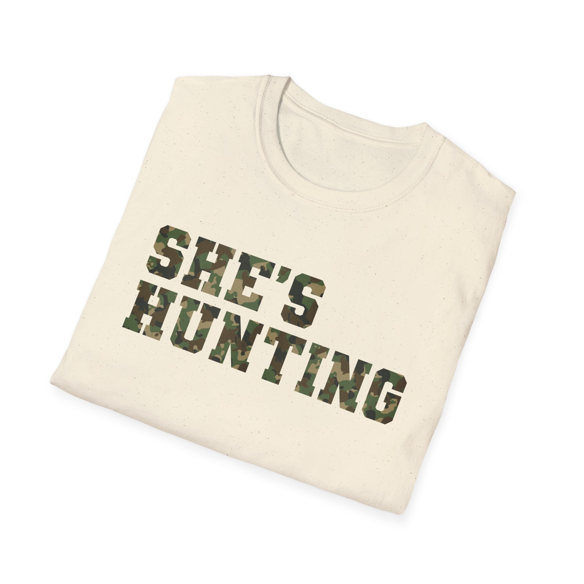 Camo Print Unisex T-Shirt - "She's Hunting" - Casual Style for Outdoor Lovers
