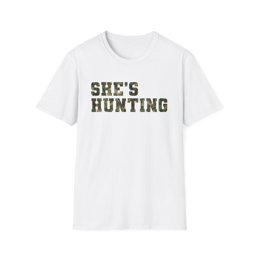 Camo Print Unisex T-Shirt - "She's Hunting" - Casual Style for Outdoor Lovers