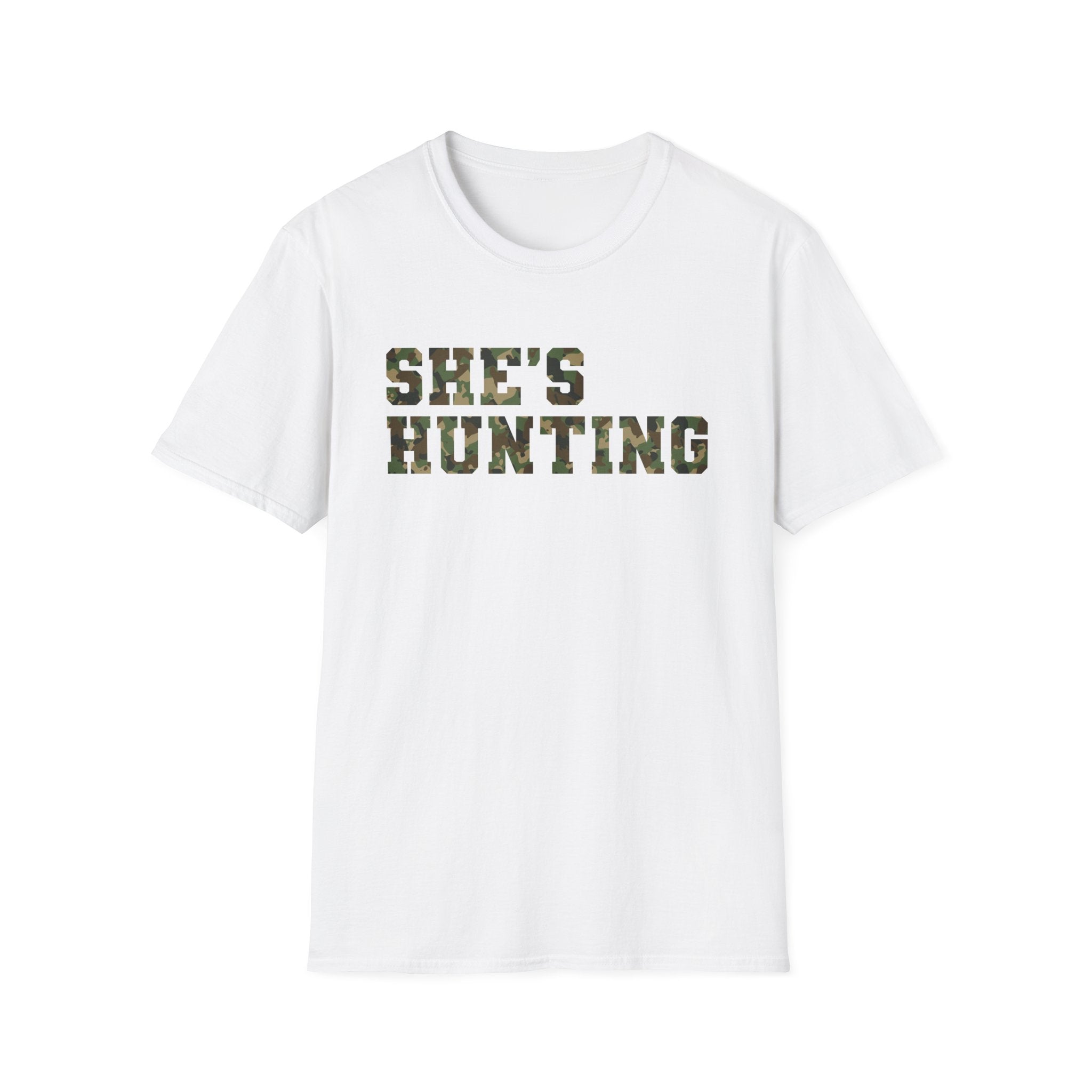 Camo Print Unisex T-Shirt - "She's Hunting" - Casual Style for Outdoor Lovers