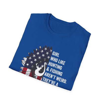 Unisex Softstyle T-Shirt - "Girl Who Likes Hunting & Fishing Aren't Weird" - Perfect for Outdoor Enthusiasts
