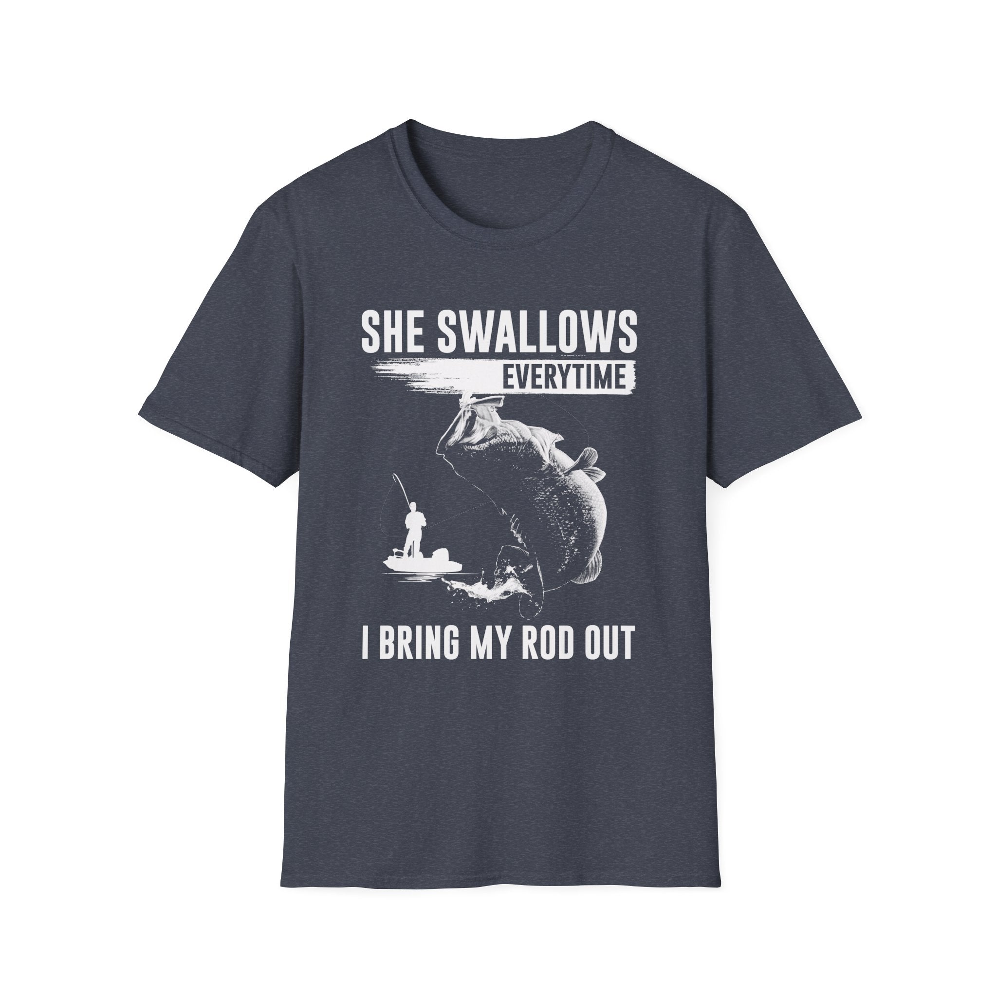 Funny Fishing T-Shirt - "She Swallows Every Time" Unisex Softstyle Tee