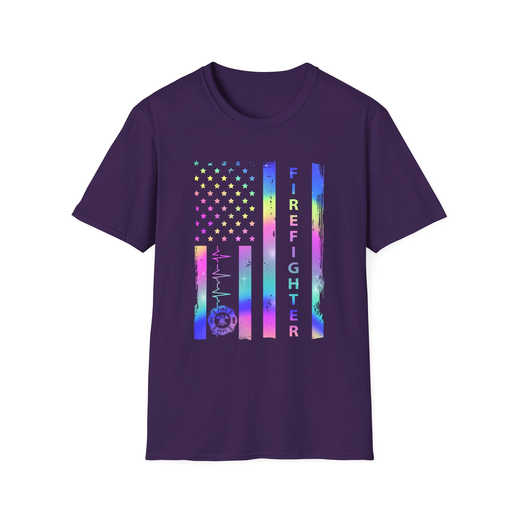 Pride Firefighter Unisex Softstyle T-Shirt - Colorful American Flag Design