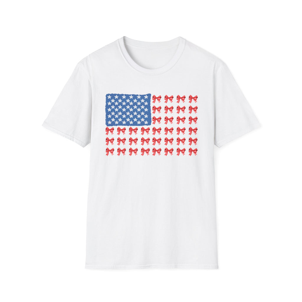 Patriotic Bow T-Shirt, Unisex Softstyle Tee, USA Flag Top, Cute Summer Tee, Gift for Her