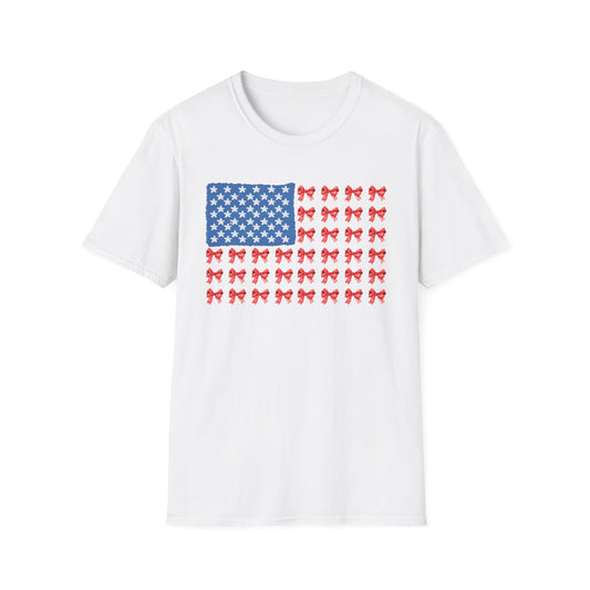 Patriotic Bow T-Shirt, Unisex Softstyle Tee, USA Flag Top, Cute Summer Tee, Gift for Her