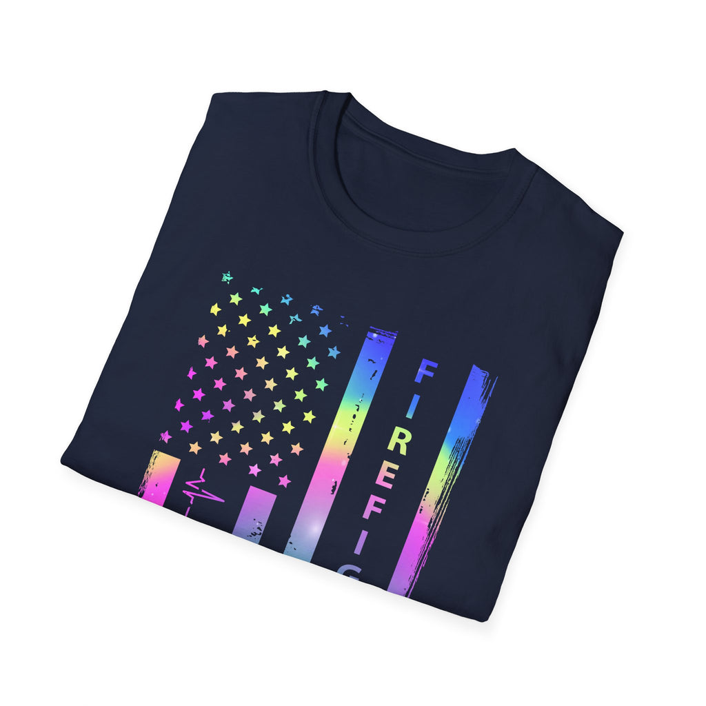 Pride Firefighter Unisex Softstyle T-Shirt - Colorful American Flag Design,,,..
