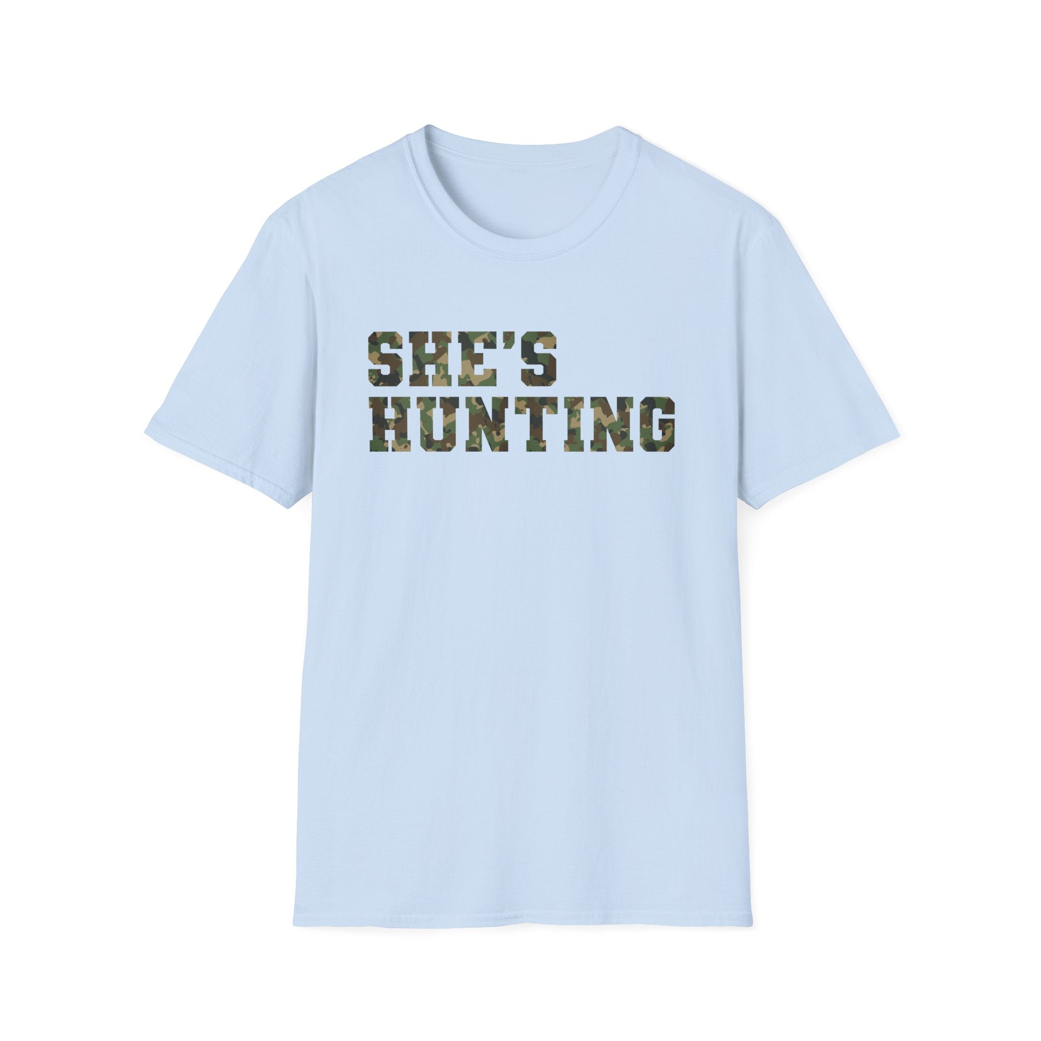 Camo Print Unisex T-Shirt - "She's Hunting" - Casual Style for Outdoor Lovers