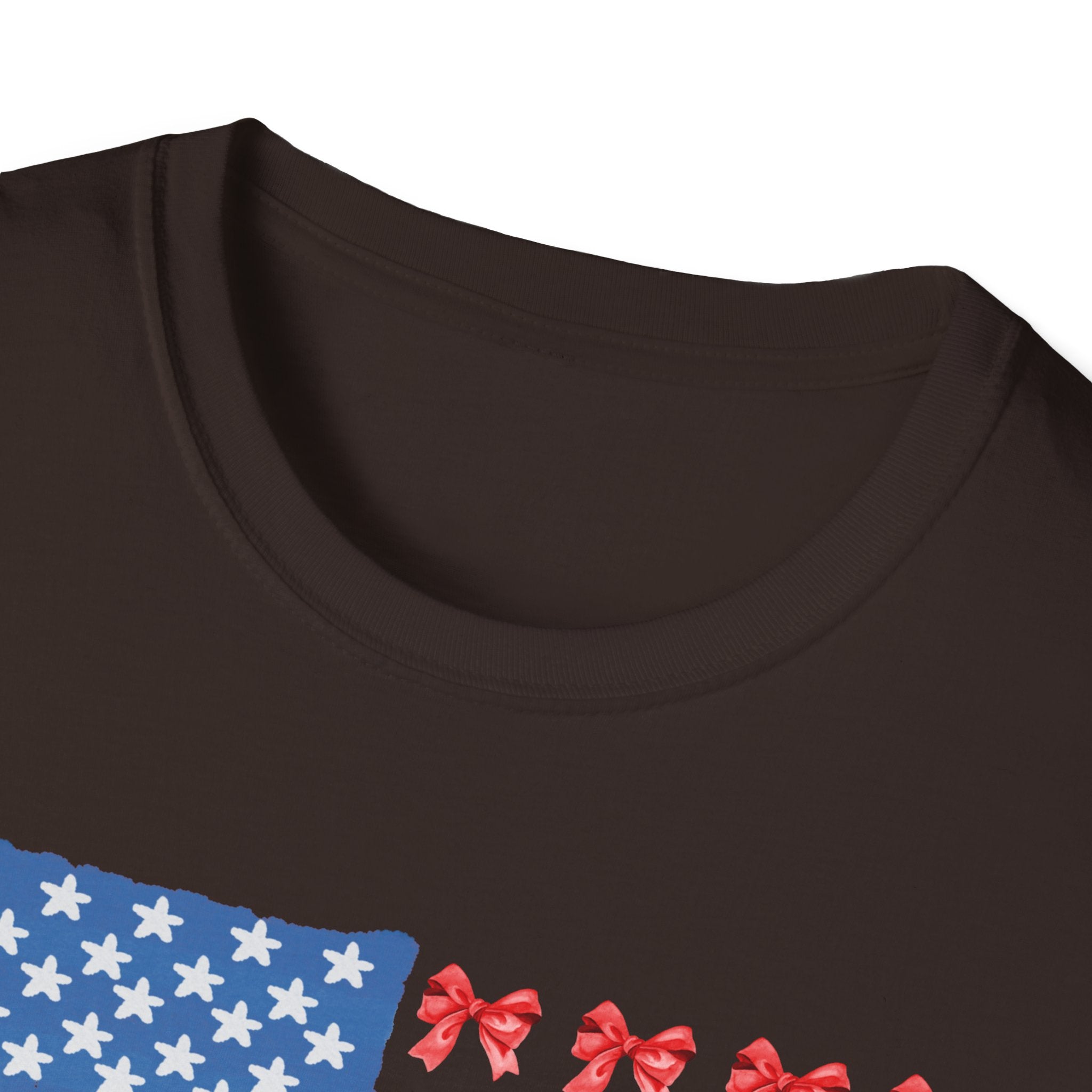 Patriotic Bow T-Shirt, Unisex Softstyle Tee, USA Flag Top, Cute Summer Tee, Gift for Her