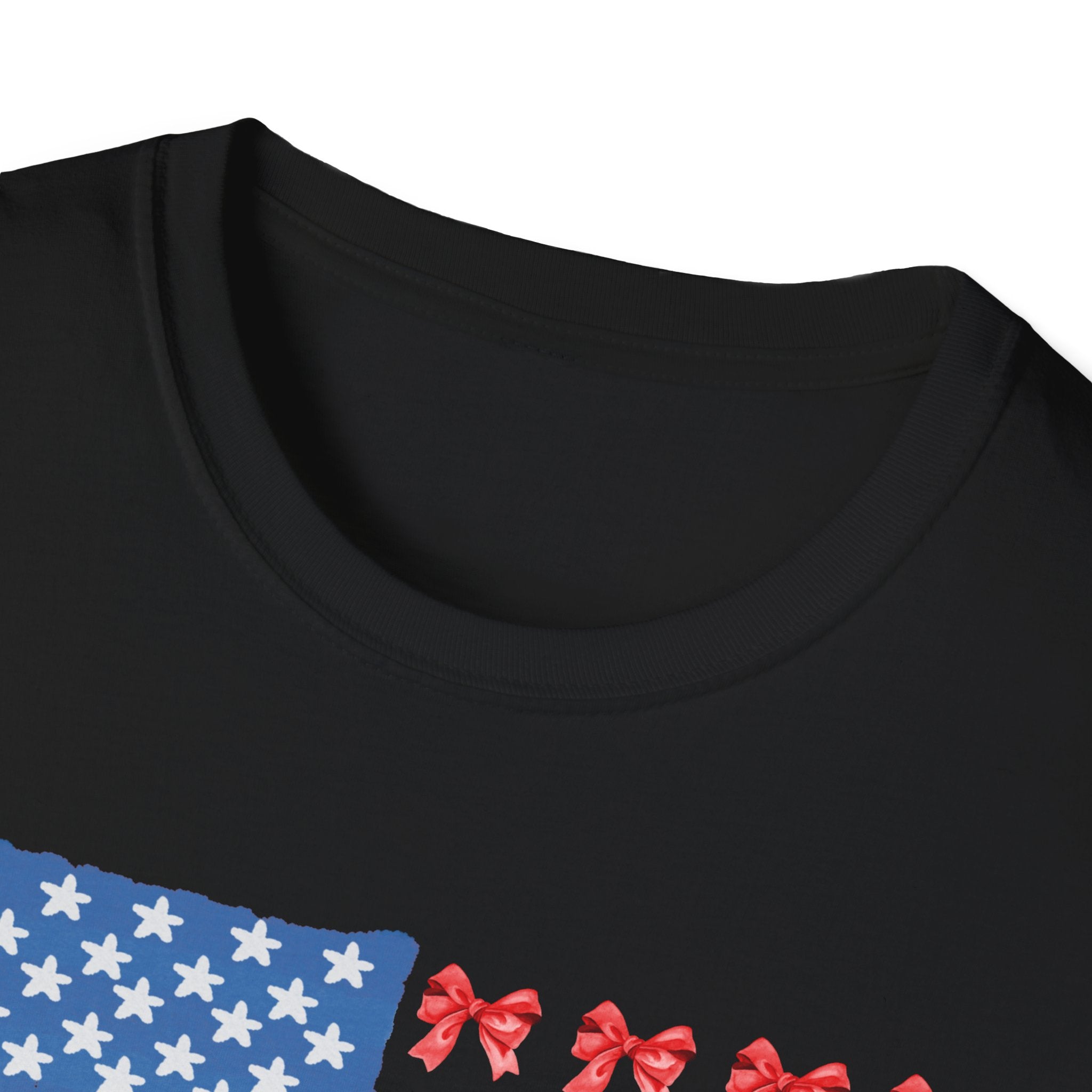 Patriotic Bow T-Shirt, Unisex Softstyle Tee, USA Flag Top, Cute Summer Tee, Gift for Her