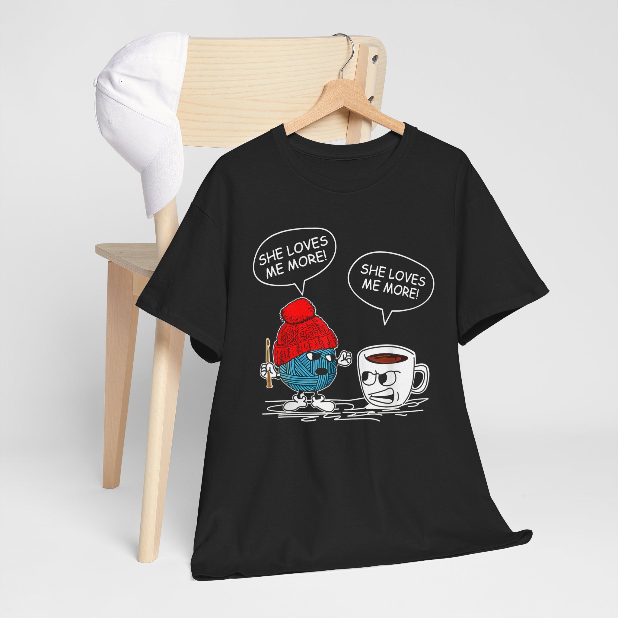 T-Shirt — Funny Coffee & Sweater Debate Tee (“She Loves Me More!”)