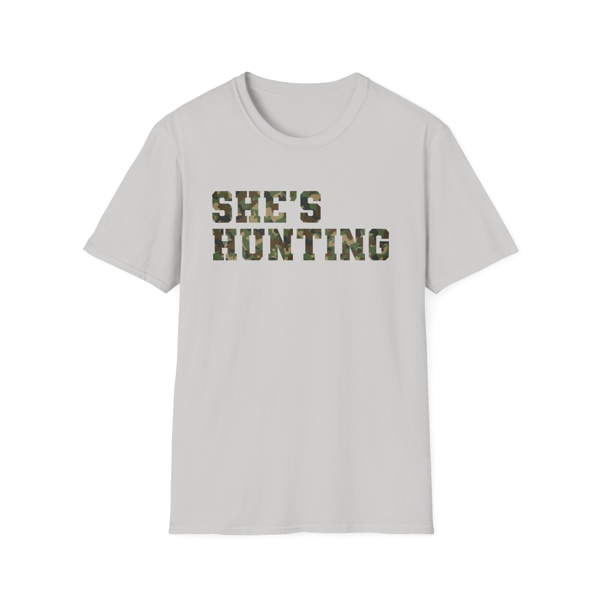 Camo Print Unisex T-Shirt - "She's Hunting" - Casual Style for Outdoor Lovers