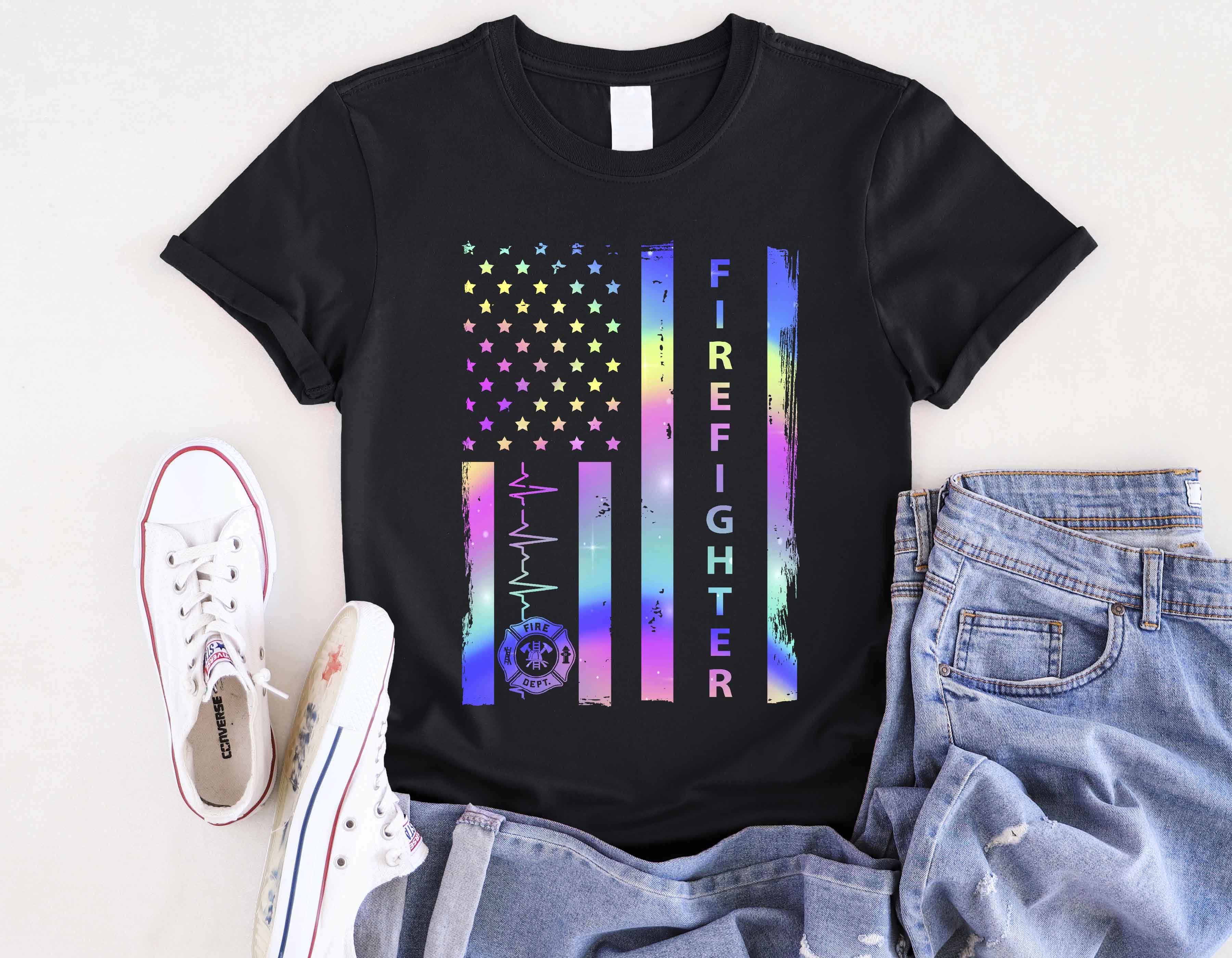 Pride Firefighter Unisex Softstyle T-Shirt - Colorful American Flag Design