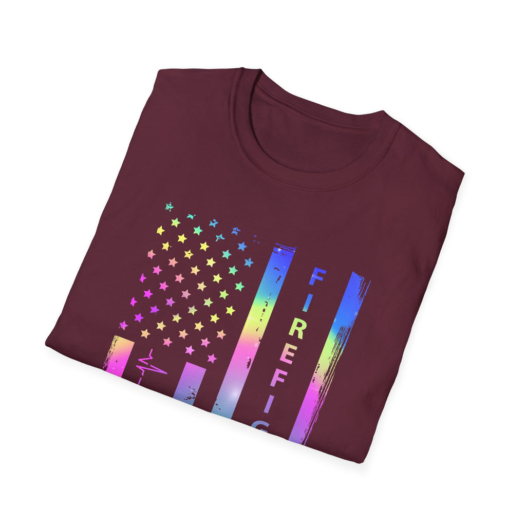 Pride Firefighter Unisex Softstyle T-Shirt - Colorful American Flag Design,,,..