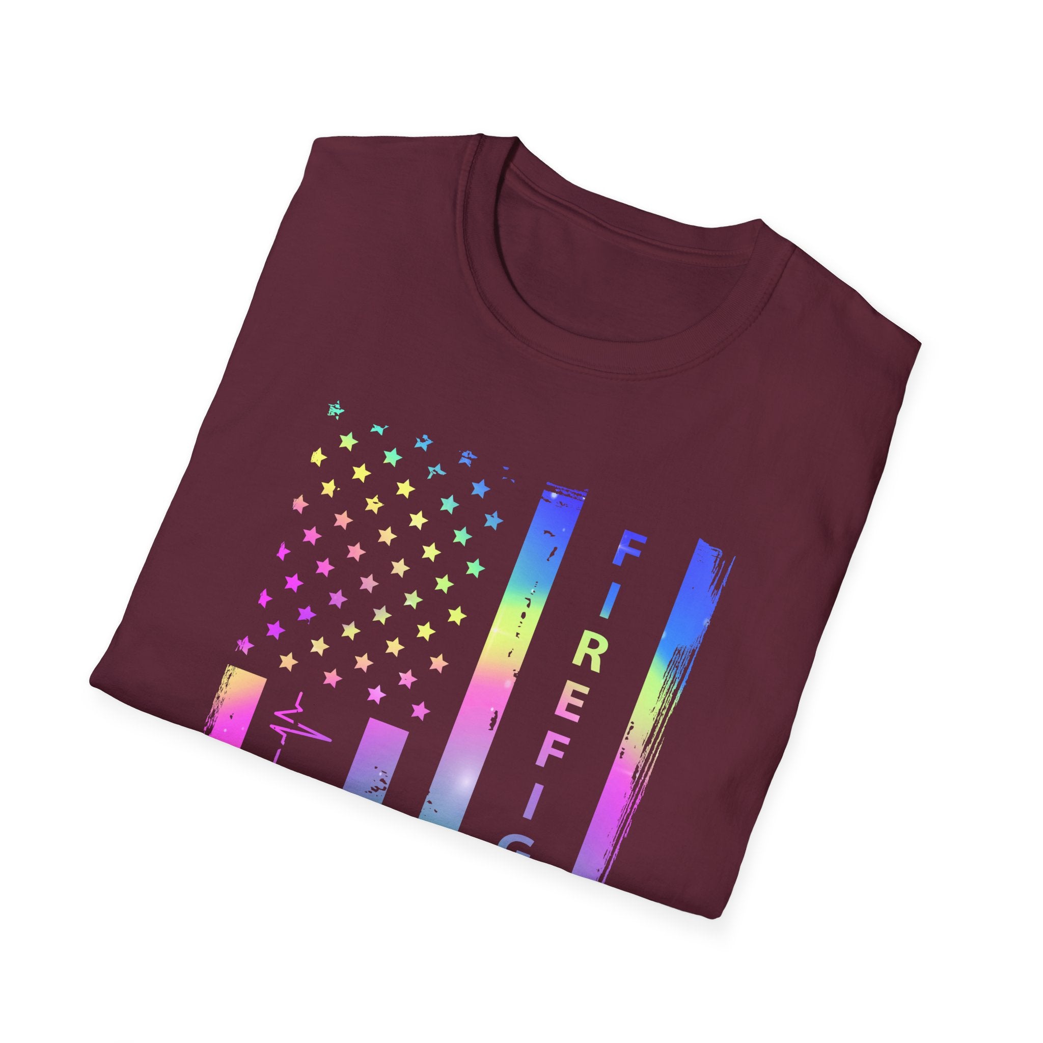 Pride Firefighter Unisex Softstyle T-Shirt - Colorful American Flag Design,,,..