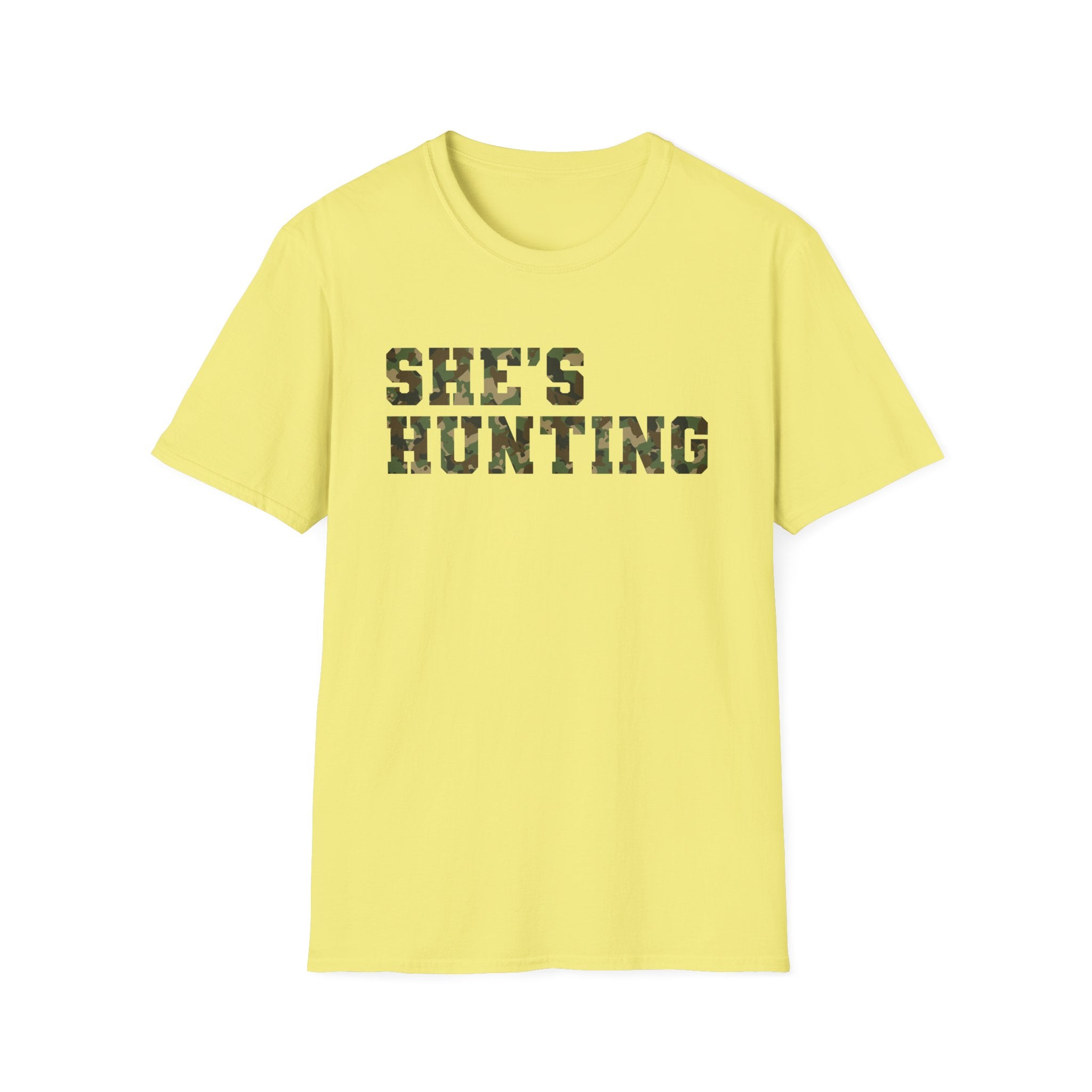 Camo Print Unisex T-Shirt - "She's Hunting" - Casual Style for Outdoor Lovers