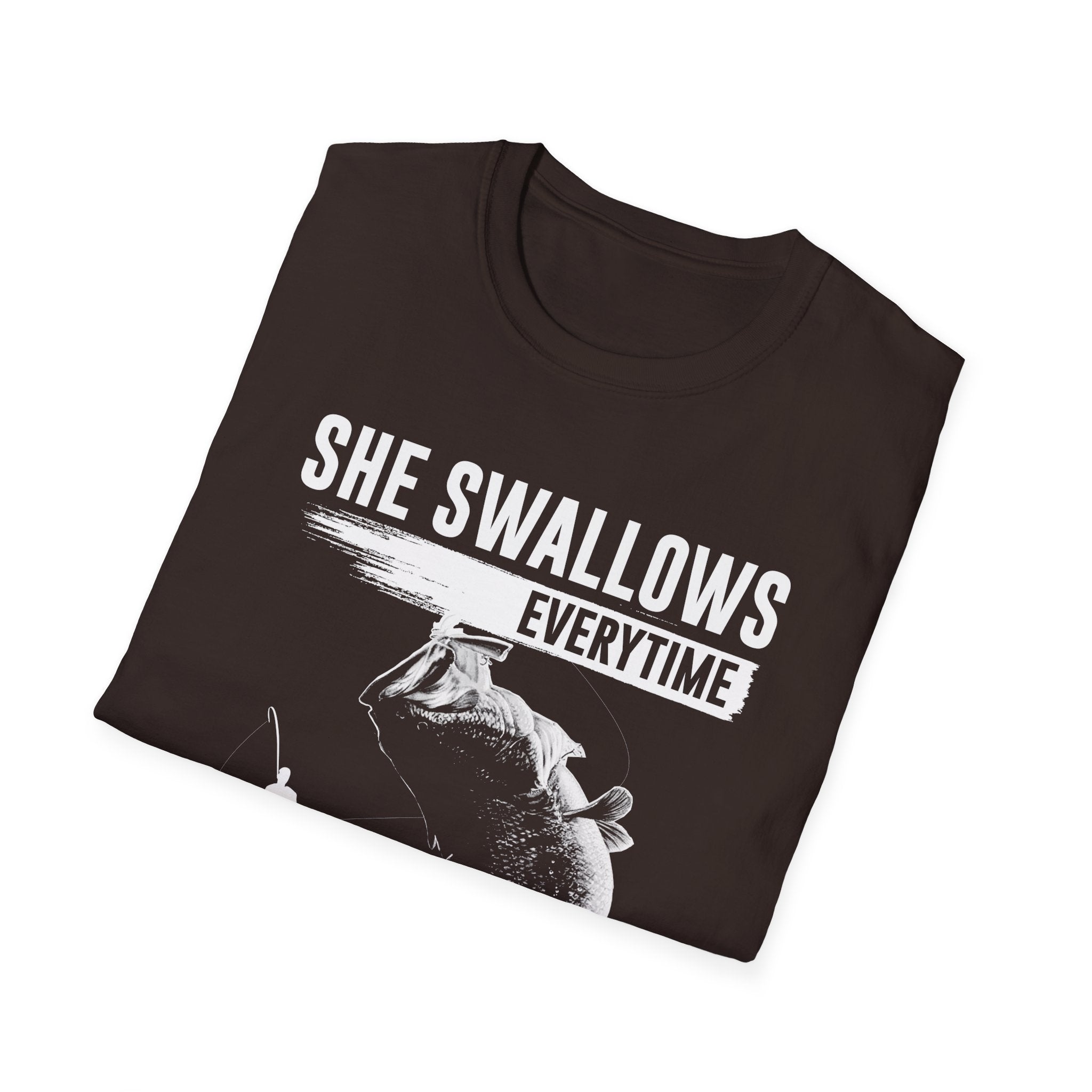 Funny Fishing T-Shirt - "She Swallows Every Time" Unisex Softstyle Tee
