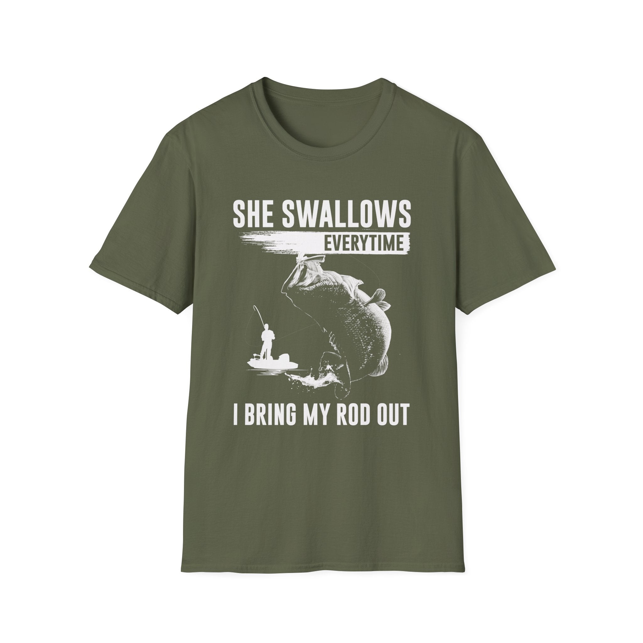 Funny Fishing T-Shirt - "She Swallows Every Time" Unisex Softstyle Tee
