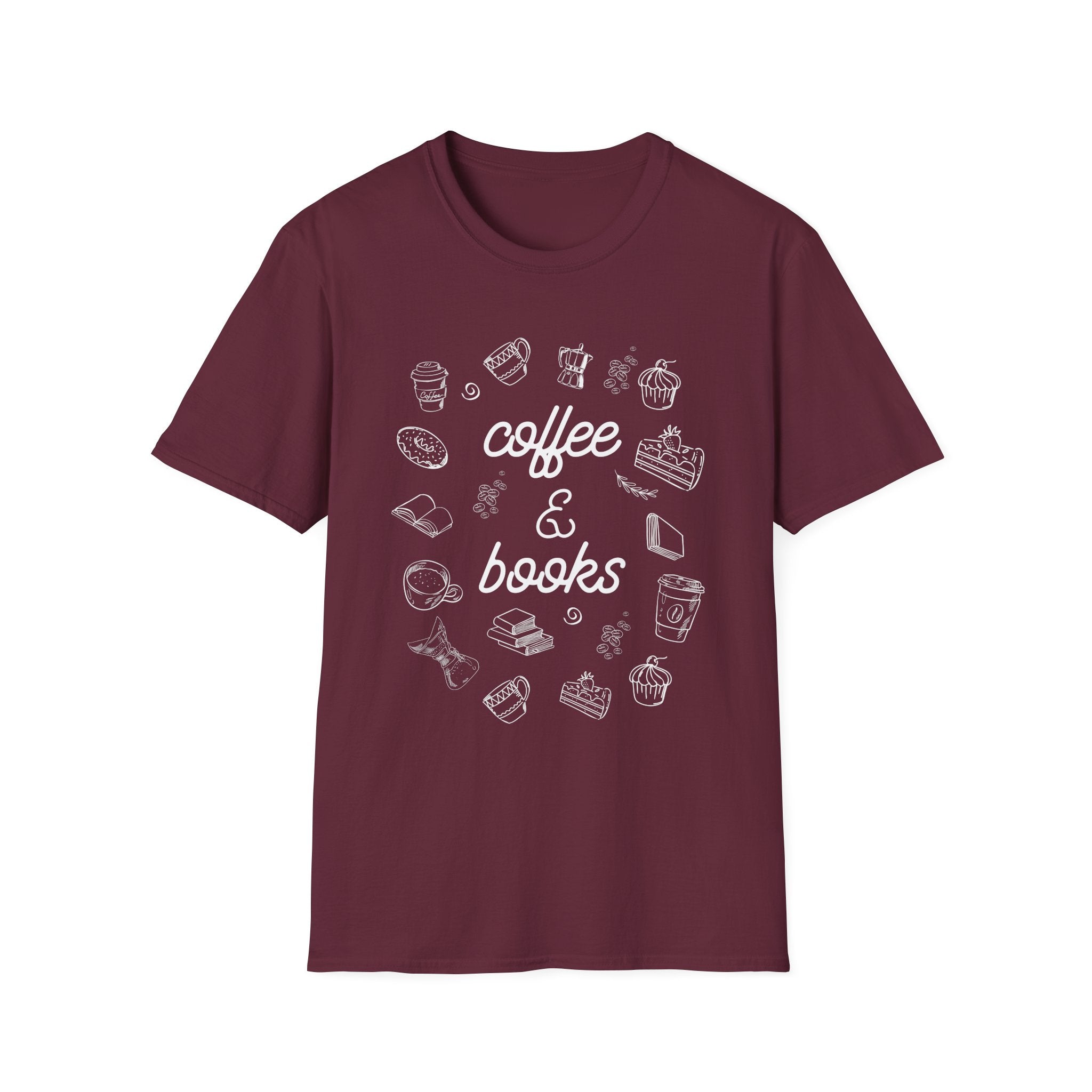 Coffee & Books Unisex Softstyle T-Shirt, Cute Coffee Lover Tee, Bookworm Gift Shirt, Cozy Reading Shirt, Literary Gift, Fun Graphic Tee