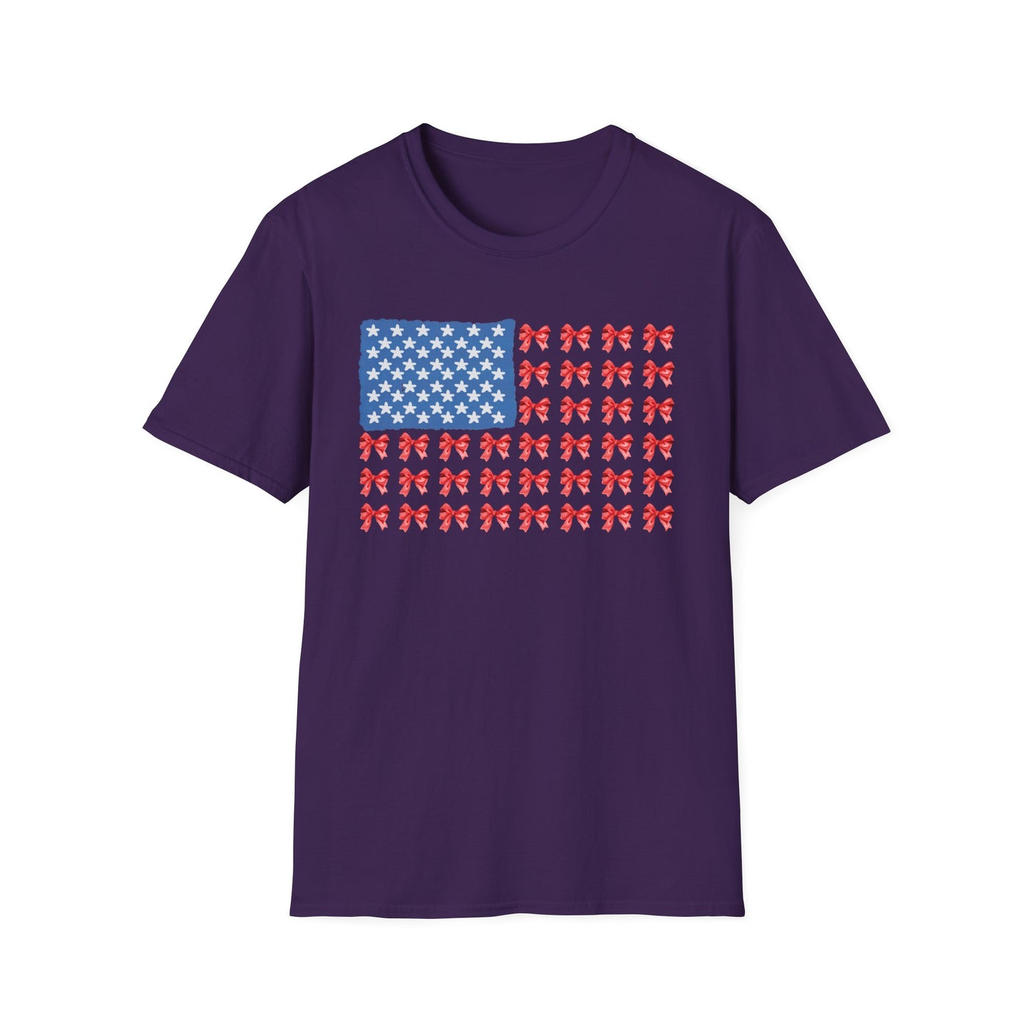Patriotic Bow T-Shirt, Unisex Softstyle Tee, USA Flag Top, Cute Summer Tee, Gift for Her