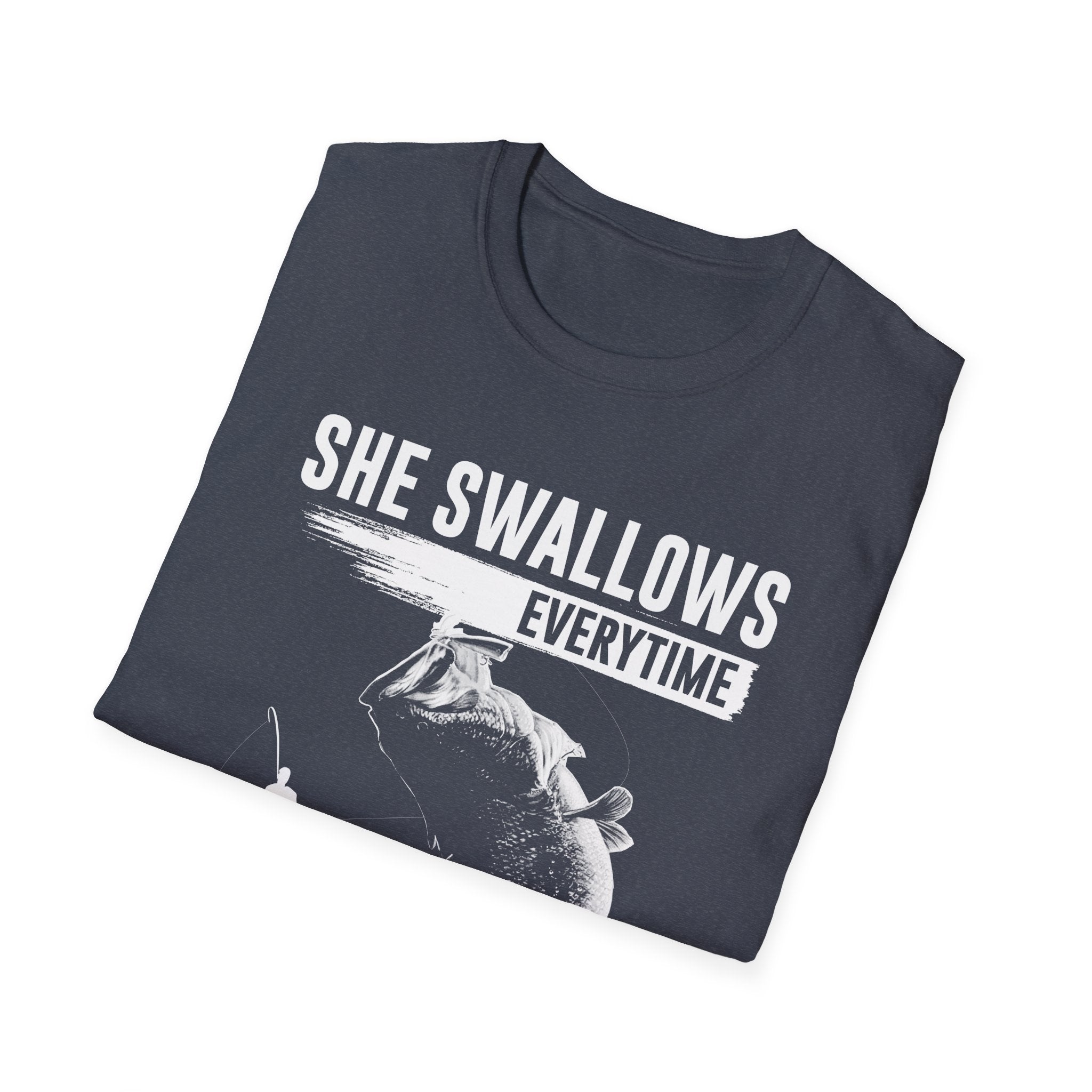 Funny Fishing T-Shirt - "She Swallows Every Time" Unisex Softstyle Tee