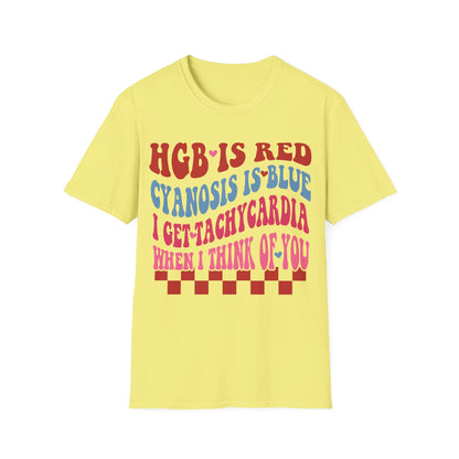 Funny Medical Humor Unisex T-Shirt - "Hgb is Red, Cyanosis is Blue"