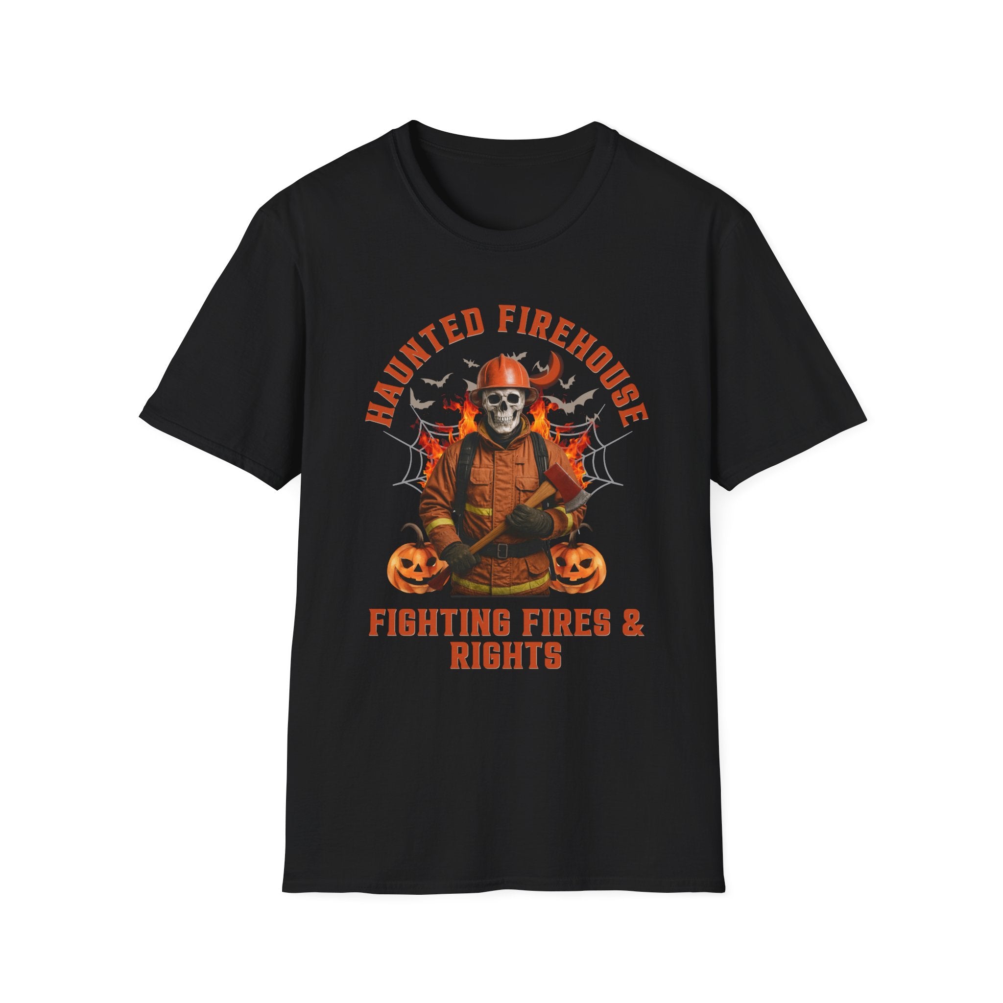Firefighter T-Shirt, Unisex Softstyle Apparel, Haunted Firehouse Graphic Tee, Perfect for Halloween, Firefighting