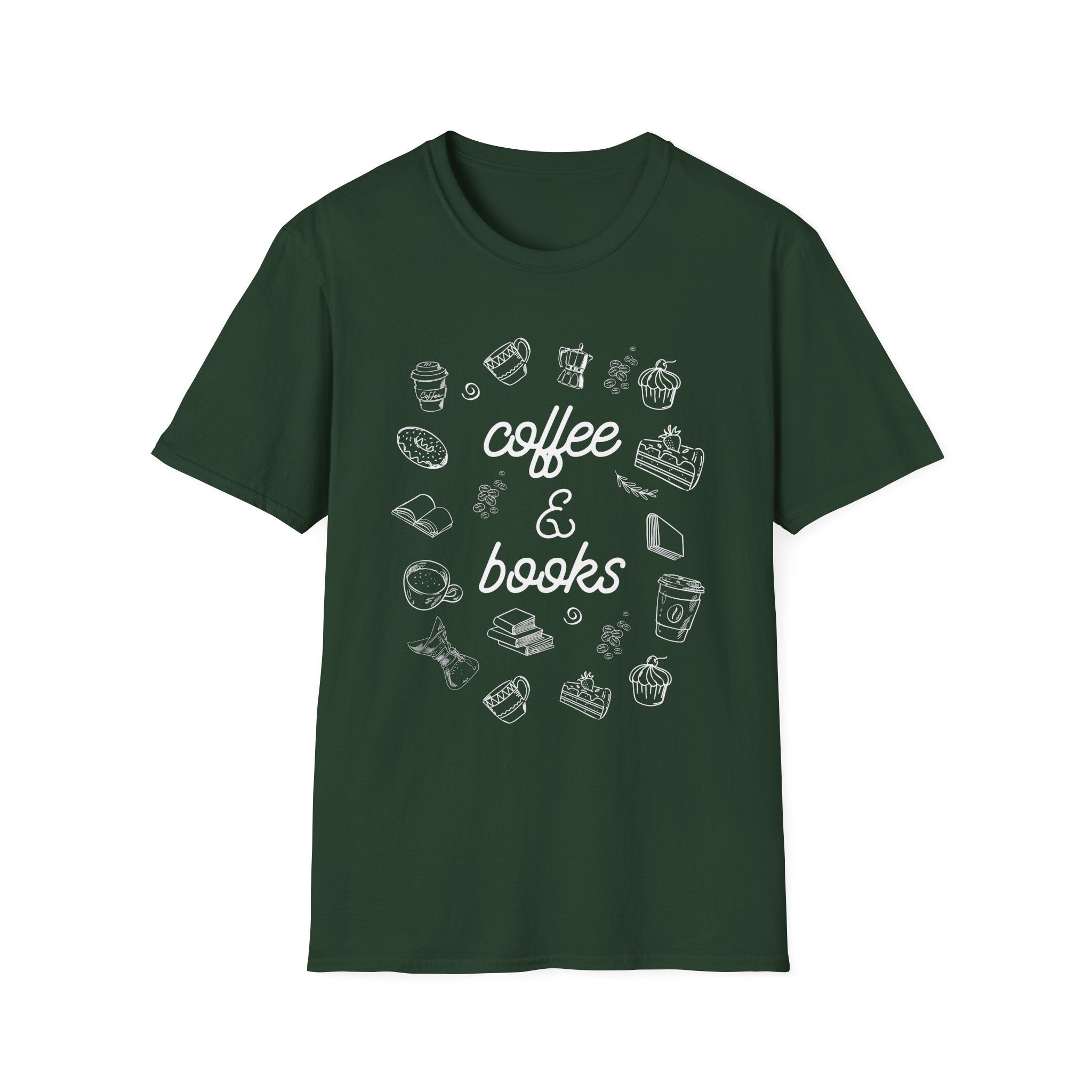 Coffee & Books Unisex Softstyle T-Shirt, Cute Coffee Lover Tee, Bookworm Gift Shirt, Cozy Reading Shirt, Literary Gift, Fun Graphic Tee