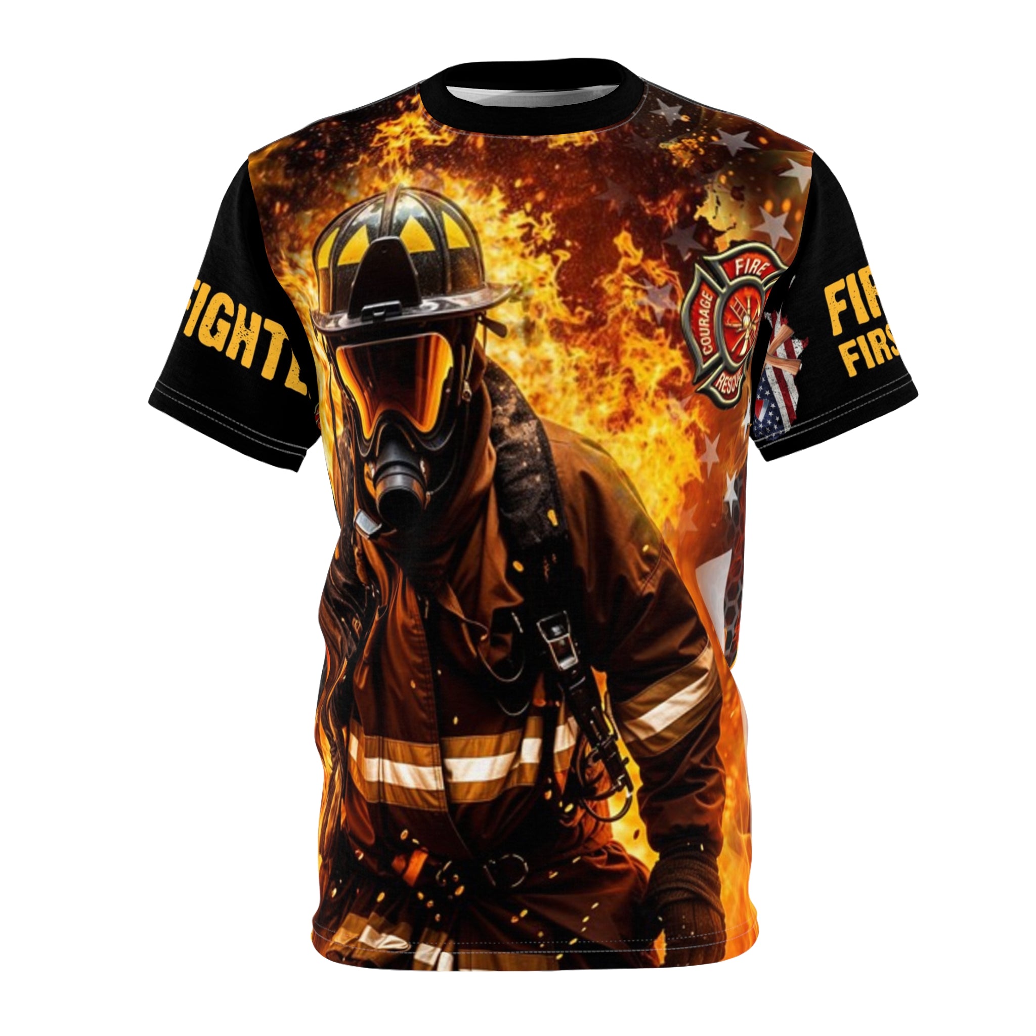 Firefighter Hero Unisex Tee, AOP Graphic T-Shirt for Firefighters, Firefighter Apparel, First Responder Gift, Firefighter Tribute Top
