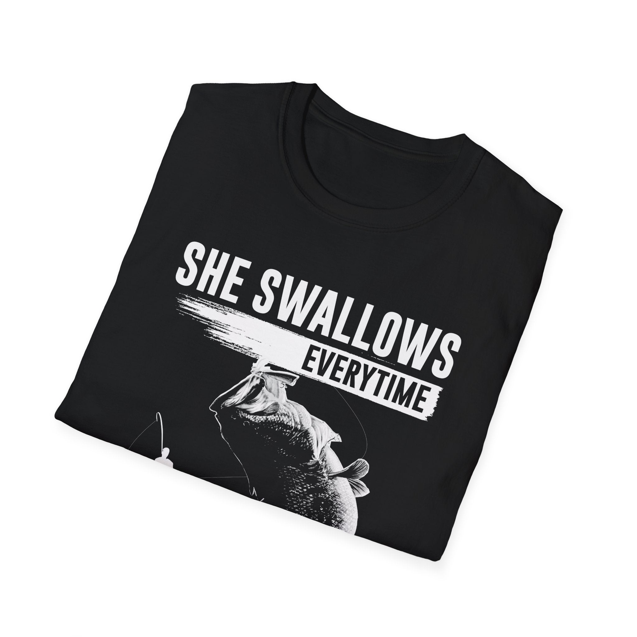 Funny Fishing T-Shirt - "She Swallows Every Time" Unisex Softstyle Tee