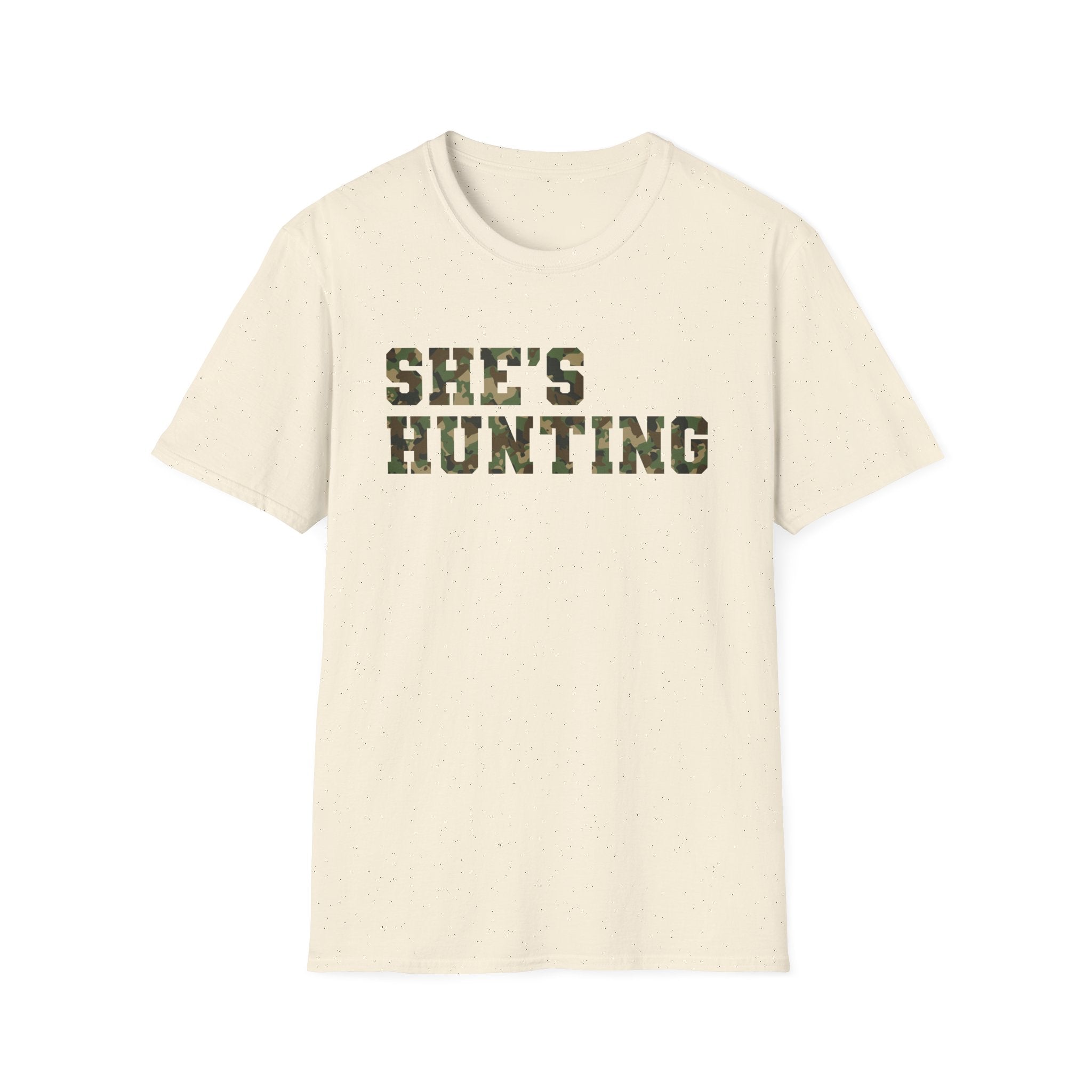 Camo Print Unisex T-Shirt - "She's Hunting" - Casual Style for Outdoor Lovers
