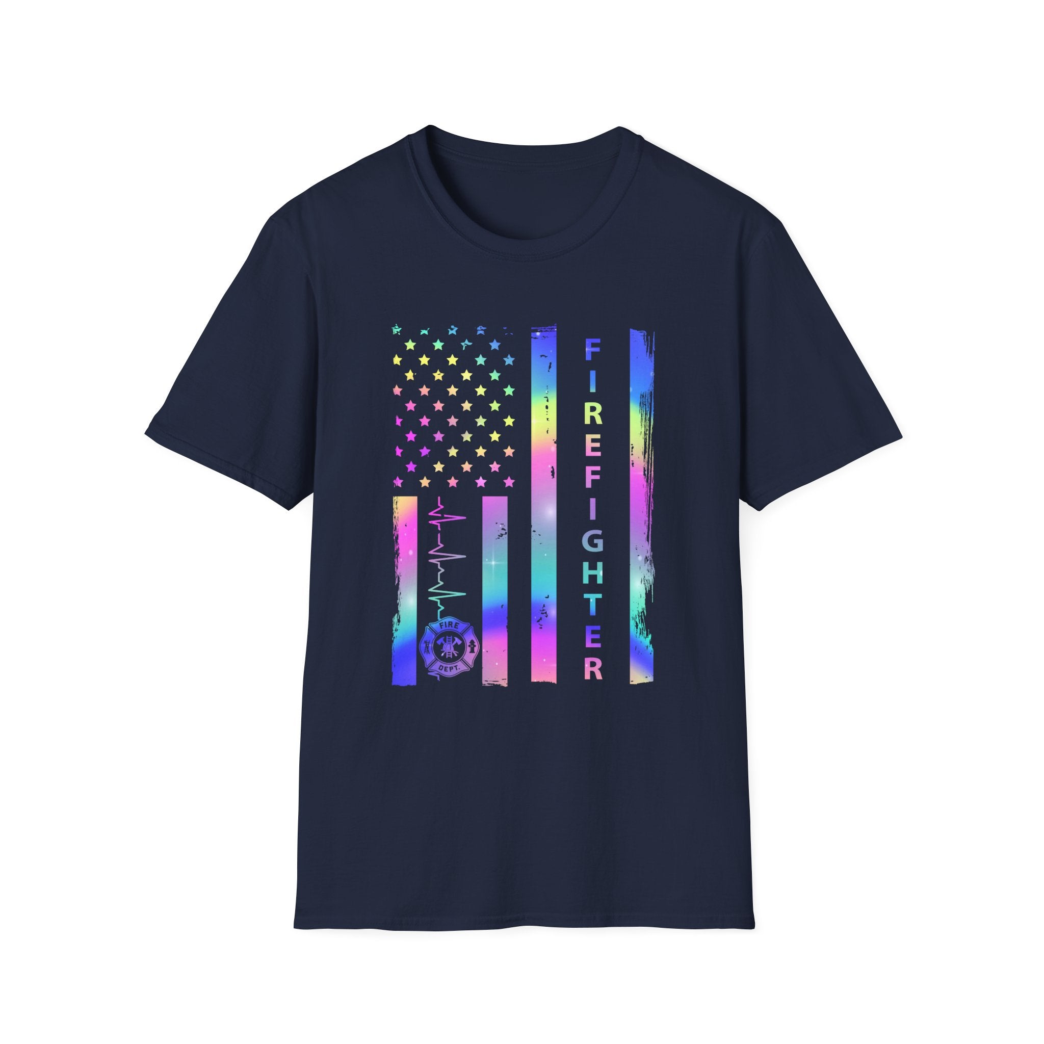 Pride Firefighter Unisex Softstyle T-Shirt - Colorful American Flag Design
