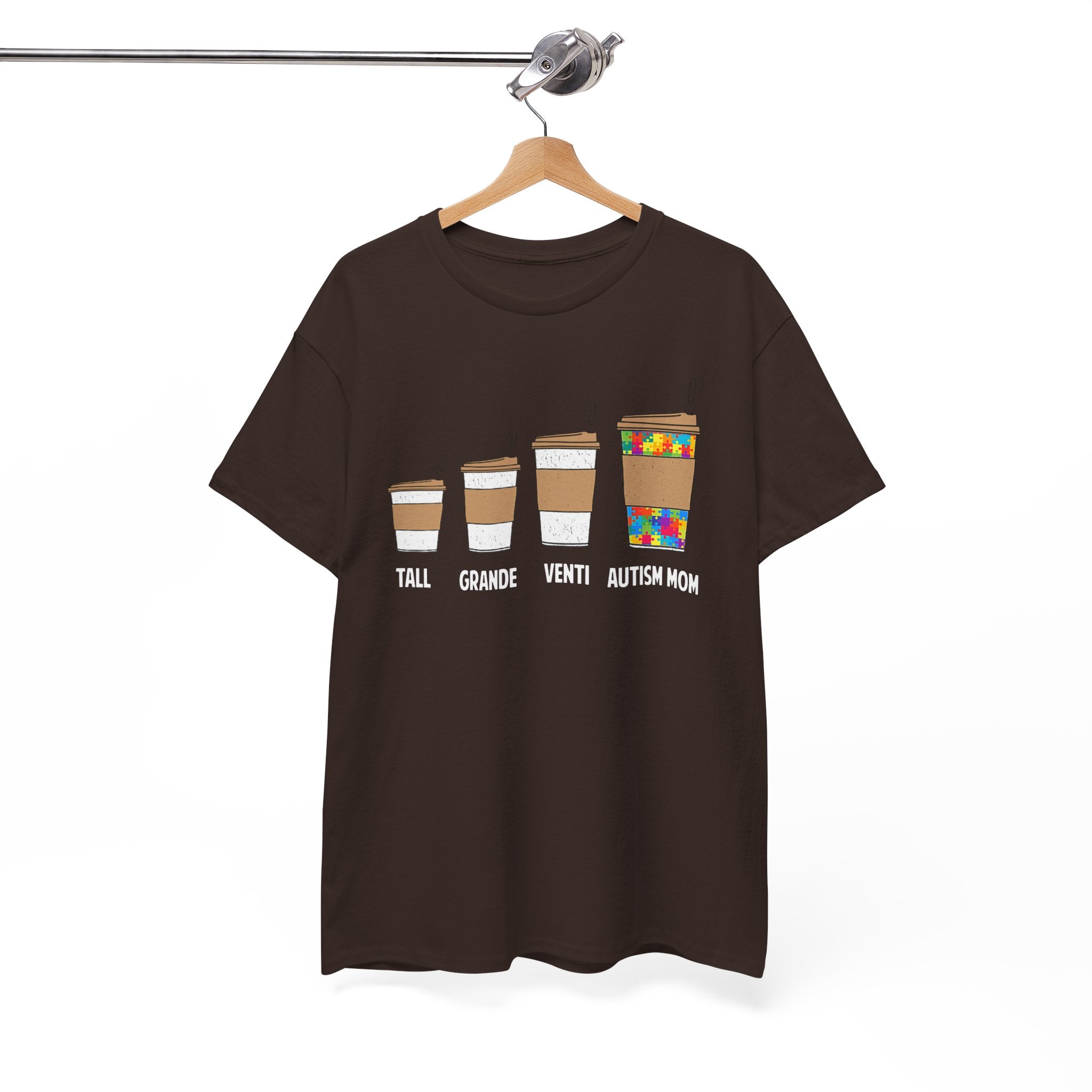 Autism Mom Coffee Sizes T-Shirt — Tall, Grande, Venti, Autism Mom Graphic Tee