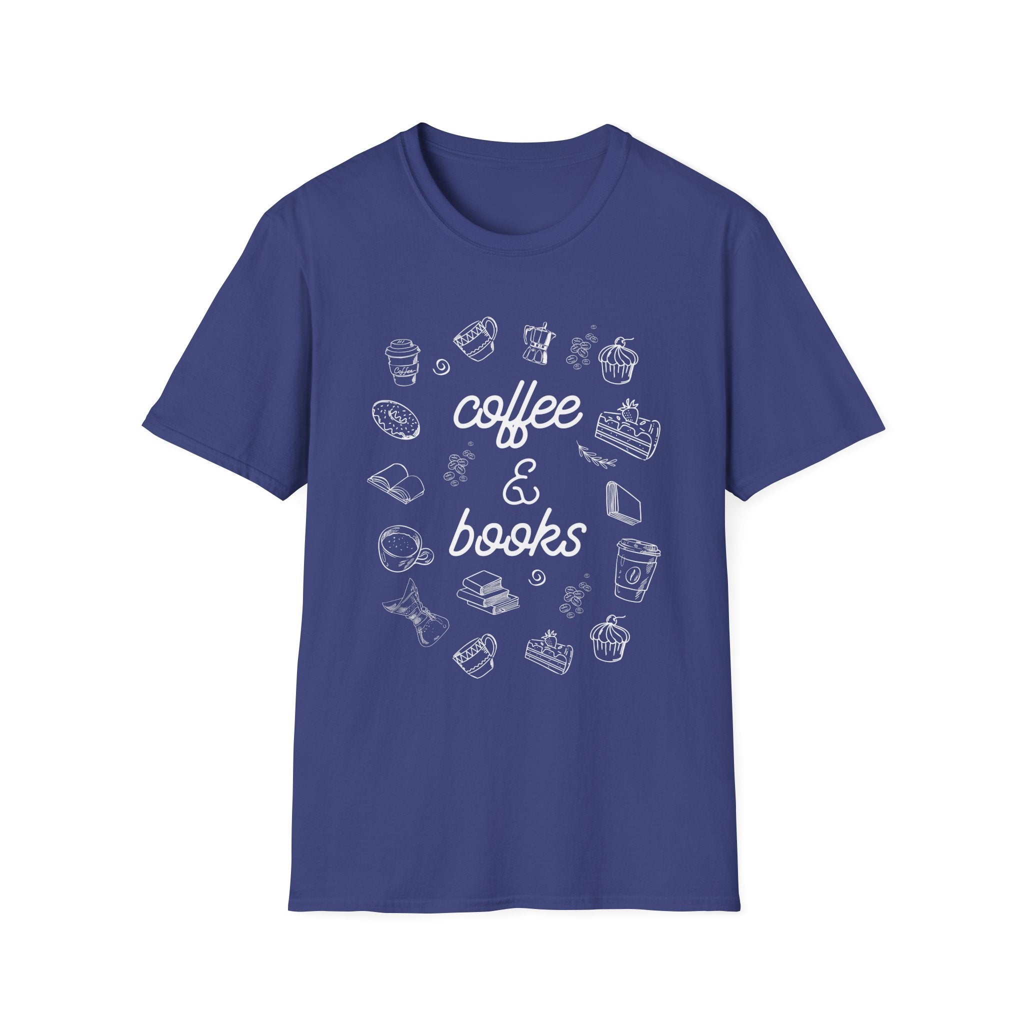 Coffee & Books Unisex Softstyle T-Shirt, Cute Coffee Lover Tee, Bookworm Gift Shirt, Cozy Reading Shirt, Literary Gift, Fun Graphic Tee