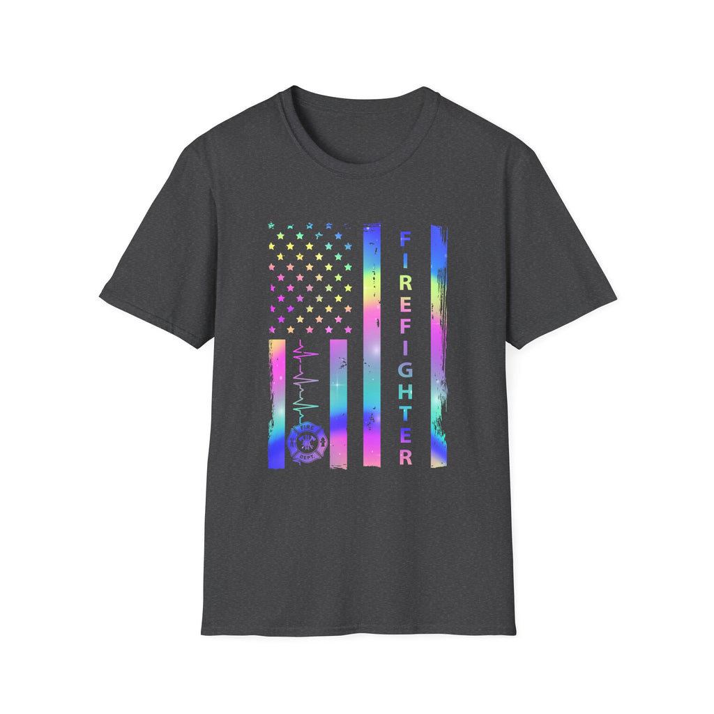 Pride Firefighter Unisex Softstyle T-Shirt - Colorful American Flag Design,,,..
