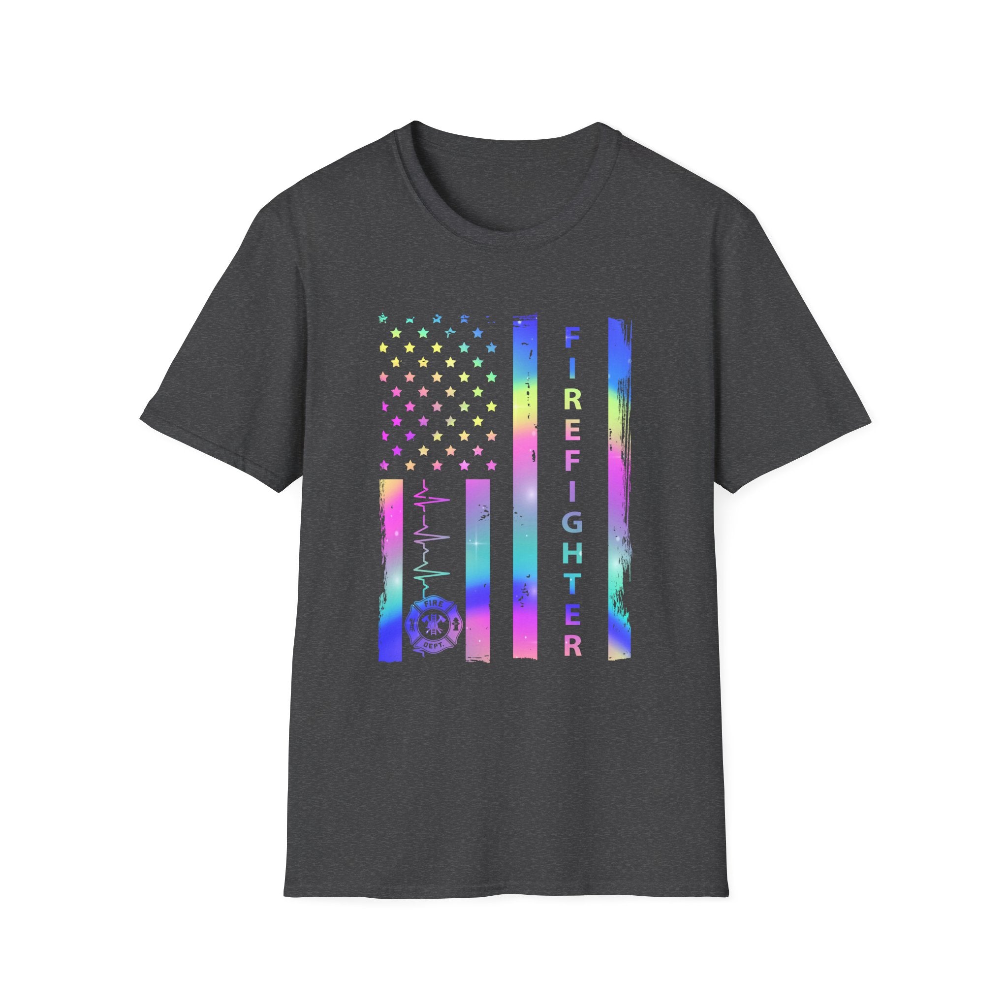 Pride Firefighter Unisex Softstyle T-Shirt - Colorful American Flag Design,,,..