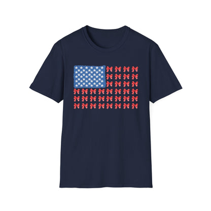 Patriotic Bow T-Shirt, Unisex Softstyle Tee, USA Flag Top, Cute Summer Tee, Gift for Her